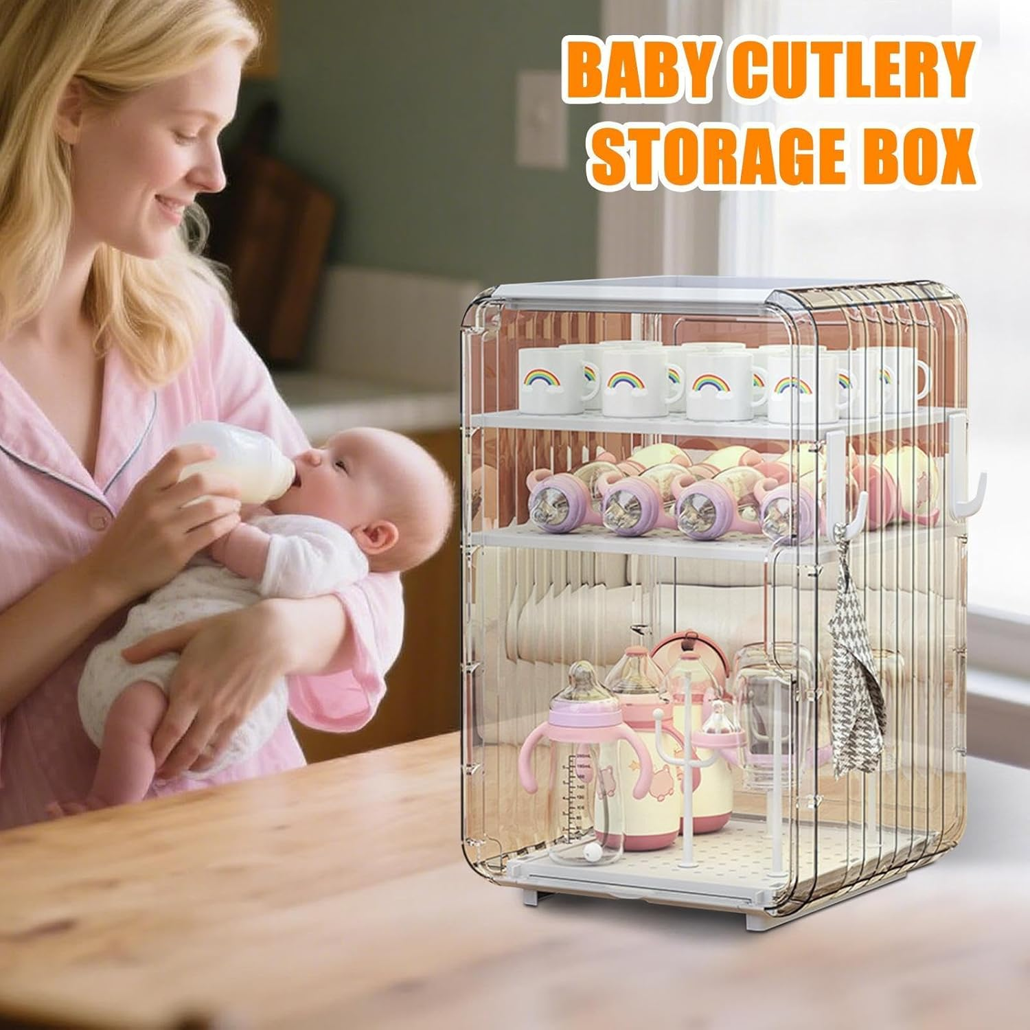 Baby Bottle Organizer Storage Drawer, 3/4 Floors Toddler Supplies Organizer, Vertical Dustproof Cups Holder with Door, Water Tray at the Bottom, Removable Independent Compartment, for Nursery