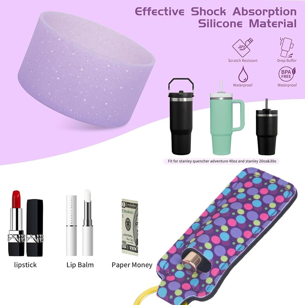 6 PCS Cup Accessories for Stanley Cup, Water Bottle Handle Strap for Stanley 30/40 Oz Tumbler with Handle, Including Straw Toppers, Silicone Cup Boot, Soot Sprite Keychain Charms - Purple image number 5