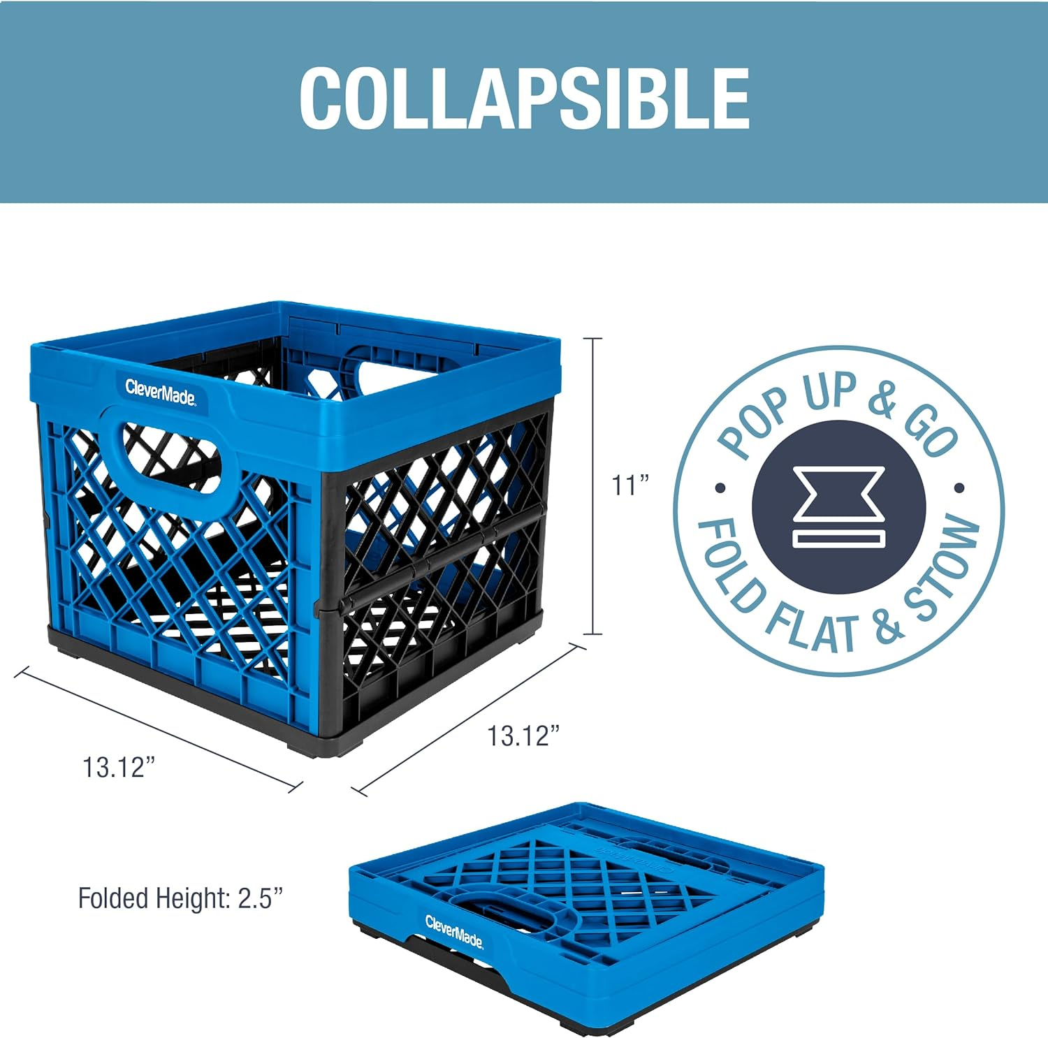Clevermade Collapsible Milk Crate, Neptune Blue, 3PK - 25L (6 Gal) Stackable Storage Bins, Holds 50Lbs per Bin - Clevercrates Are Heavy Duty, Plastic Collapsible Storage Crate for Multi Purposes image number 5