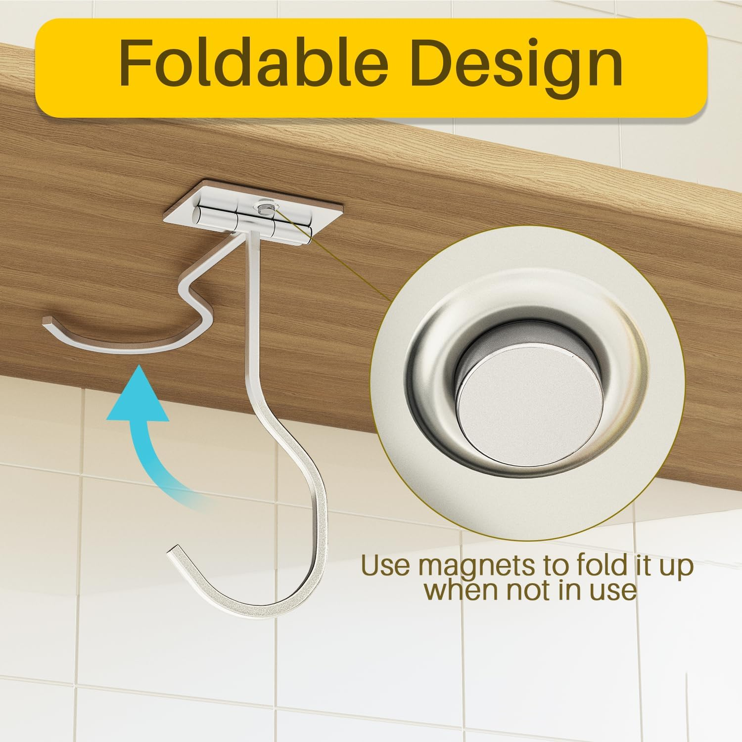 2-Pack Self Adhesive Banana Hook, Metal Banana Hanger Hook,Under Cabinet Hook for Bananas or Kitchen Items, Foldable Banana Hook, Folds up with Magnets When Not in Use, Keep Bananas Fresh, Silver image number 5