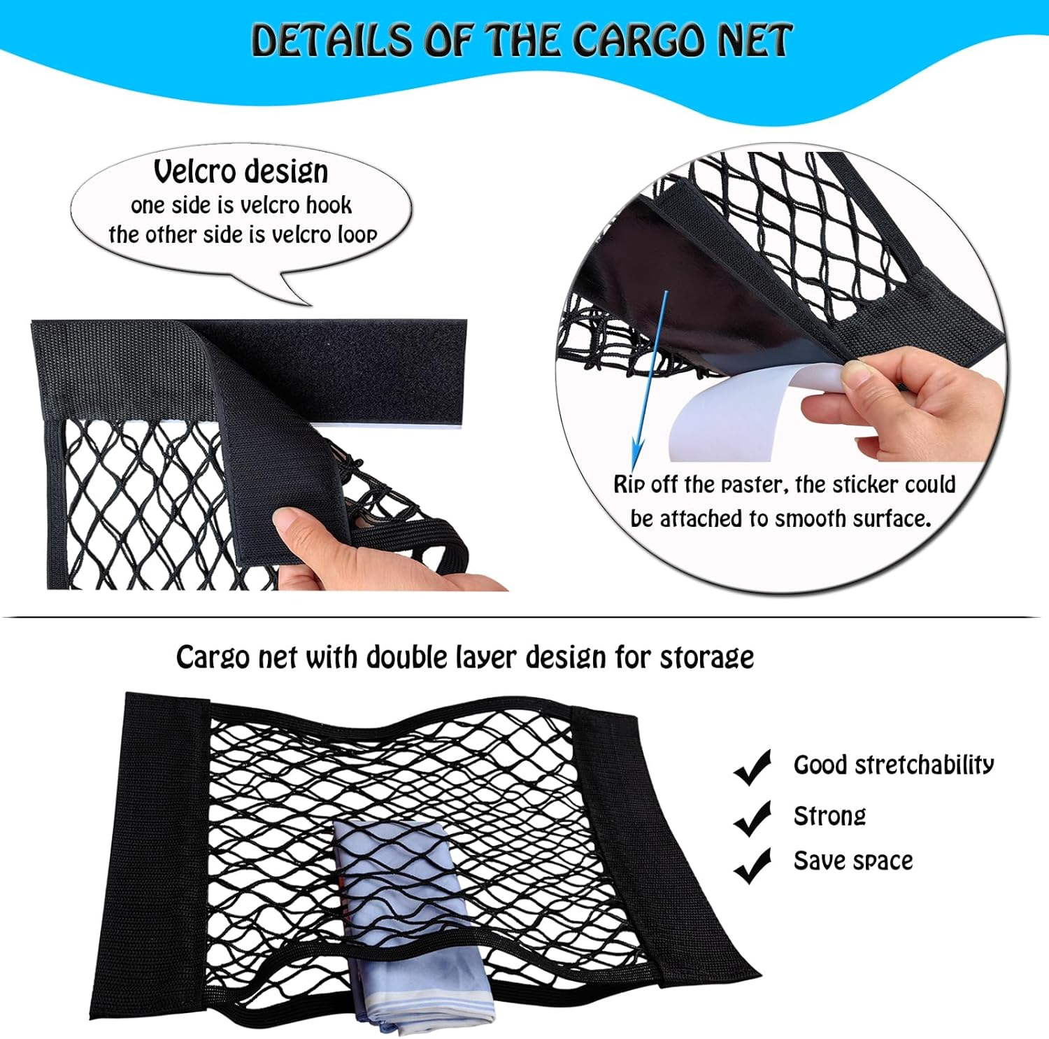 XIWUMOER 4Pack Automotive Cargo Net Car Storage Wall Sticker Organizer Pouch Bag Elastic Mesh Pocket with Tape Stickers for Trunk Organizer Holder for Cabinet Organize 4PCS (Same Size) - 4Pcs (Same Size) image number 4