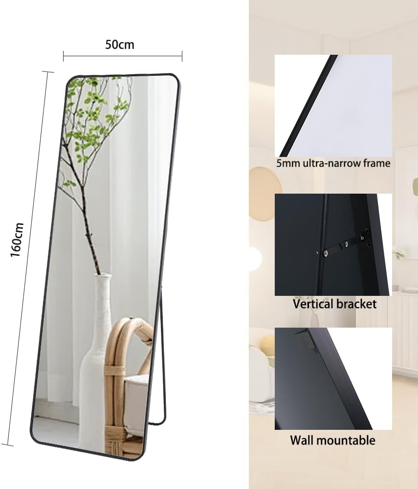 Shatterproof Full Length Mirror 160X50Cm, Unbreakable Tempered Glass with Floor/Wall Mount for Kids' Rooms, Gyms&High-Traffic Areas Child-Safe Design&Military-Grade Frame (Black 160X50Cm) - Right-Angle 165X60Cm image number 5