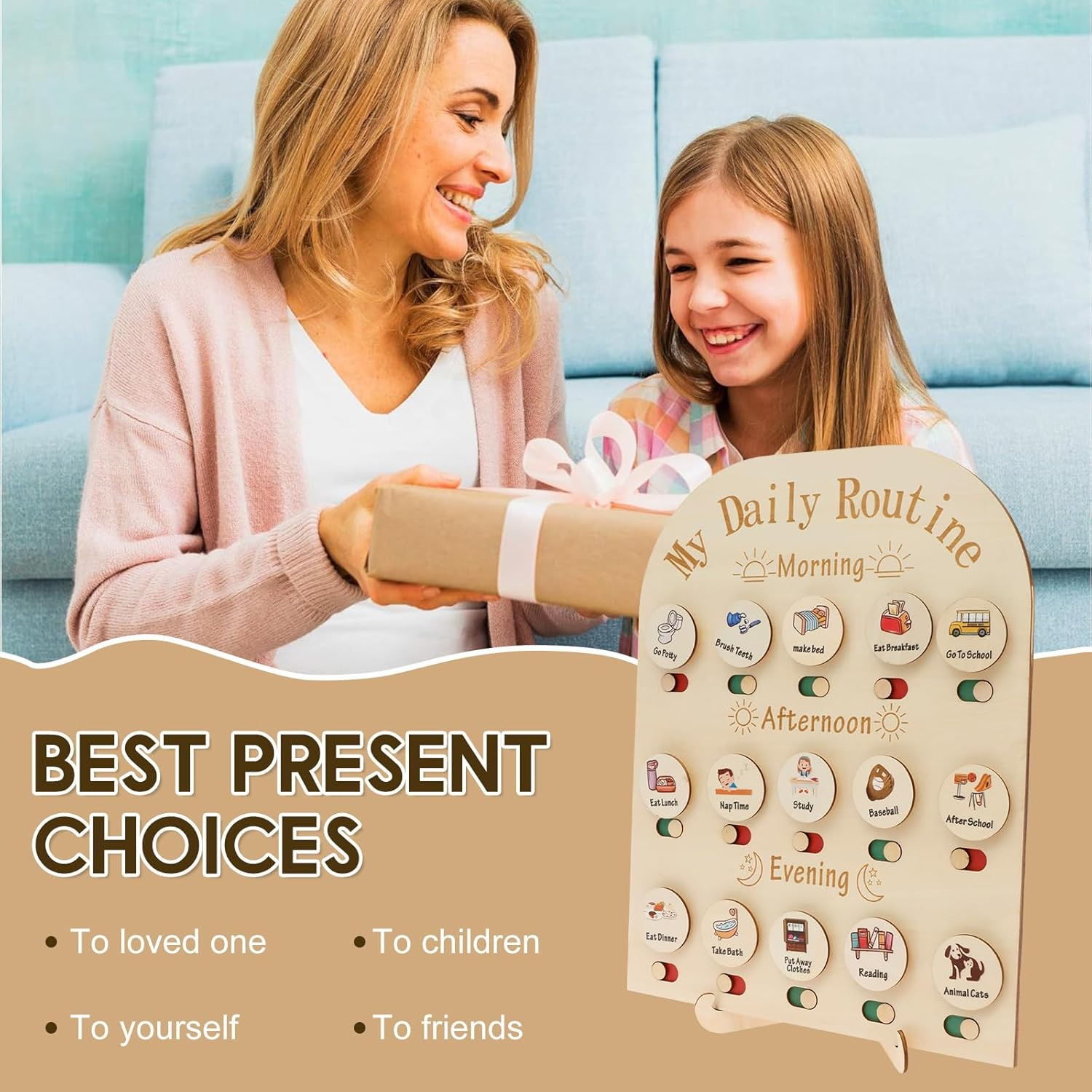 Wood Daily Routine Chart, Time Management Kid Visual Schedule, Slide Change Wood Chore Chart, Learning Materials Daily Schedule Board for Home, Exercise Learning for Children image number 2