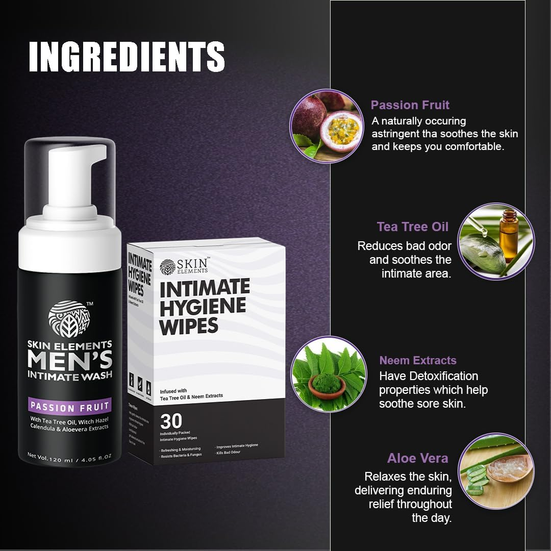 Skin Elements Men'S Intimate Hygiene Combo with Passion Fruit 120 Ml+ 30 Wipes Ph Balanced Foaming Hygiene Wash Prevents Irritation & Bad Odor image number 1