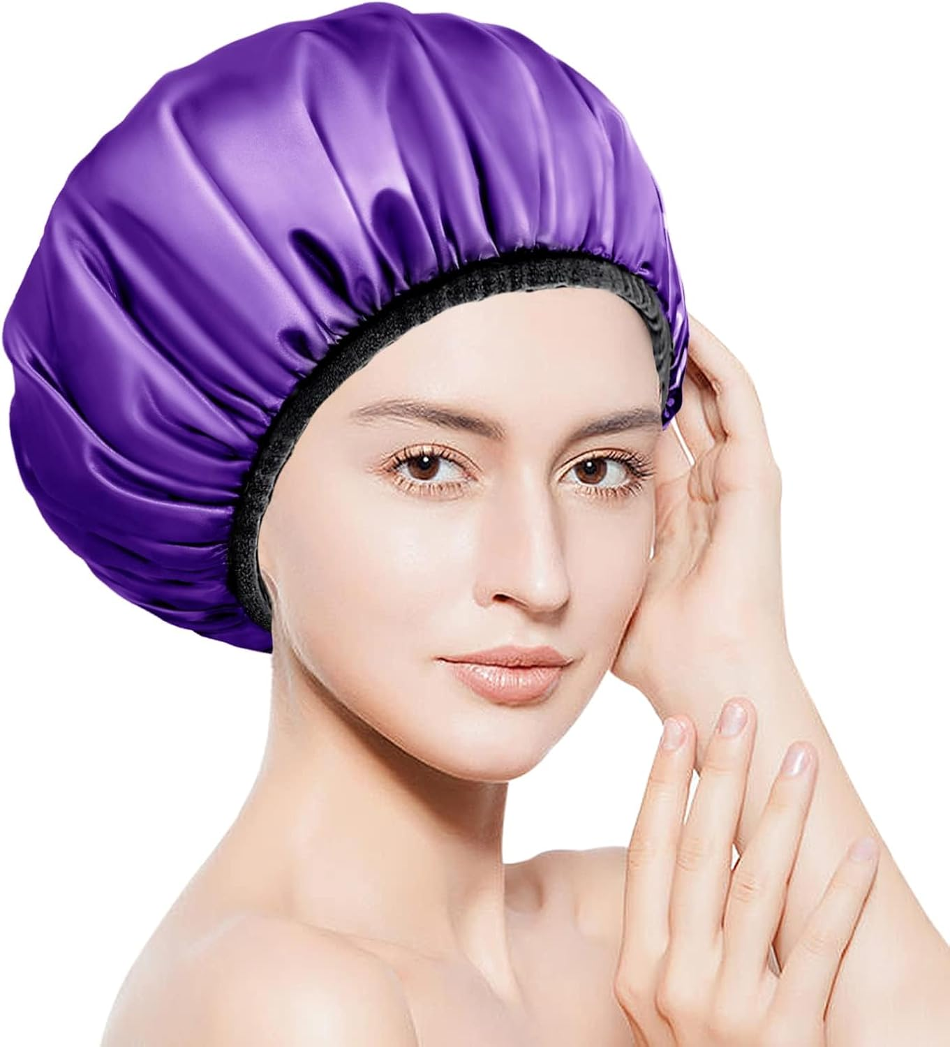 Aquior Shower Cap,Extra Large Triple Layer Bathing Cap with Dry Hair Function for Women Microfiber Terry Cloth Silky Satin 100% Waterproof Reusable Long Hair Bath Caps (Purple) - Blue image number 3