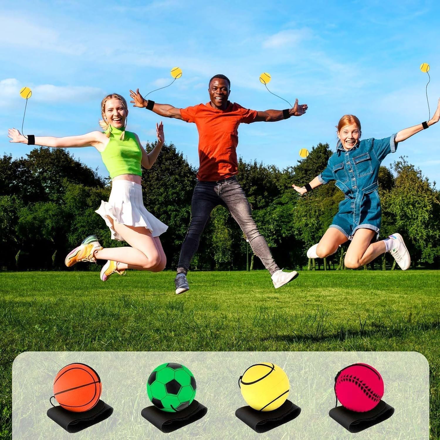 4-Piece Wrist Rebound Ball Set - 2-Inch Rubber Sports Ball for Basketball, Baseball, Football - Wrist Exercise or Play image number 4