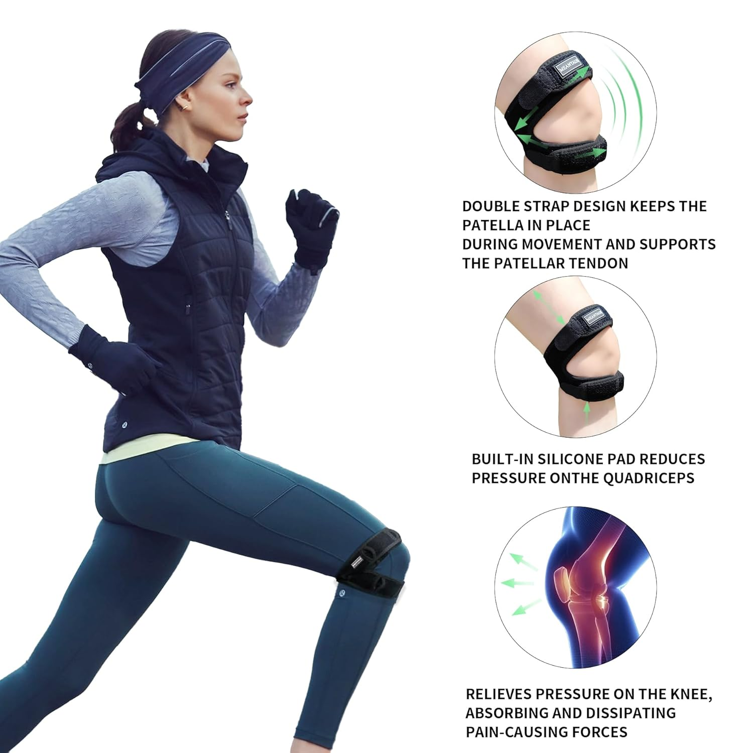 MEANTAUS Adjustable Dual Patella Knee Strap for Men & Women - Lightweight Support for Jumper'S Knee, Patellar Tracking Disorder, Arthritis | Running, Basketball (2-Pack, Black, M) image number 6