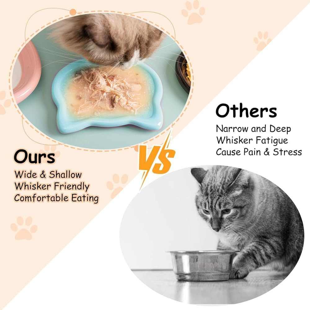GIGIIS Cat Bowl Ceramic 2 Pieces Feeding Bowl Cat Bowl Non-Slip Set Cat Bowls Wide and Flat Cat Food Bowl to Relieve Whisker Fatigue with 2 Pieces Non-Slip Mats image number 5