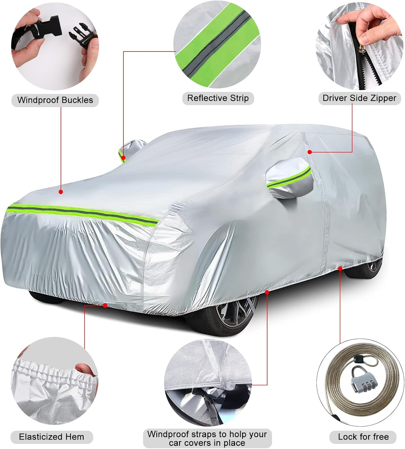 Waterproof Car Covers Replace for 2005-2025 Honda Odyssey Minivan, 6 Layers Silver All Weather Custom-Fit Car Cover with Zipper Door & Windproof Bands for Snow Rain Dust Hail Protection image number 6