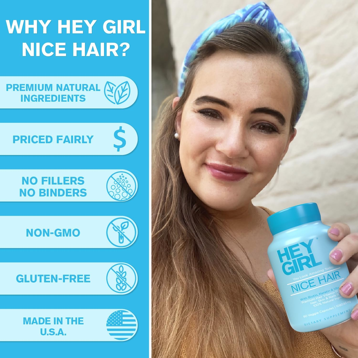 Hey Girl Nutrition Nice Hair - Hair Growth Vitamins for Healthy Strong Hair That Grows Faster | Helps Thinning and Fallout - Scientifically Made with Biotin, Keratin, Folic Acid, Vitamin C & More image number 1