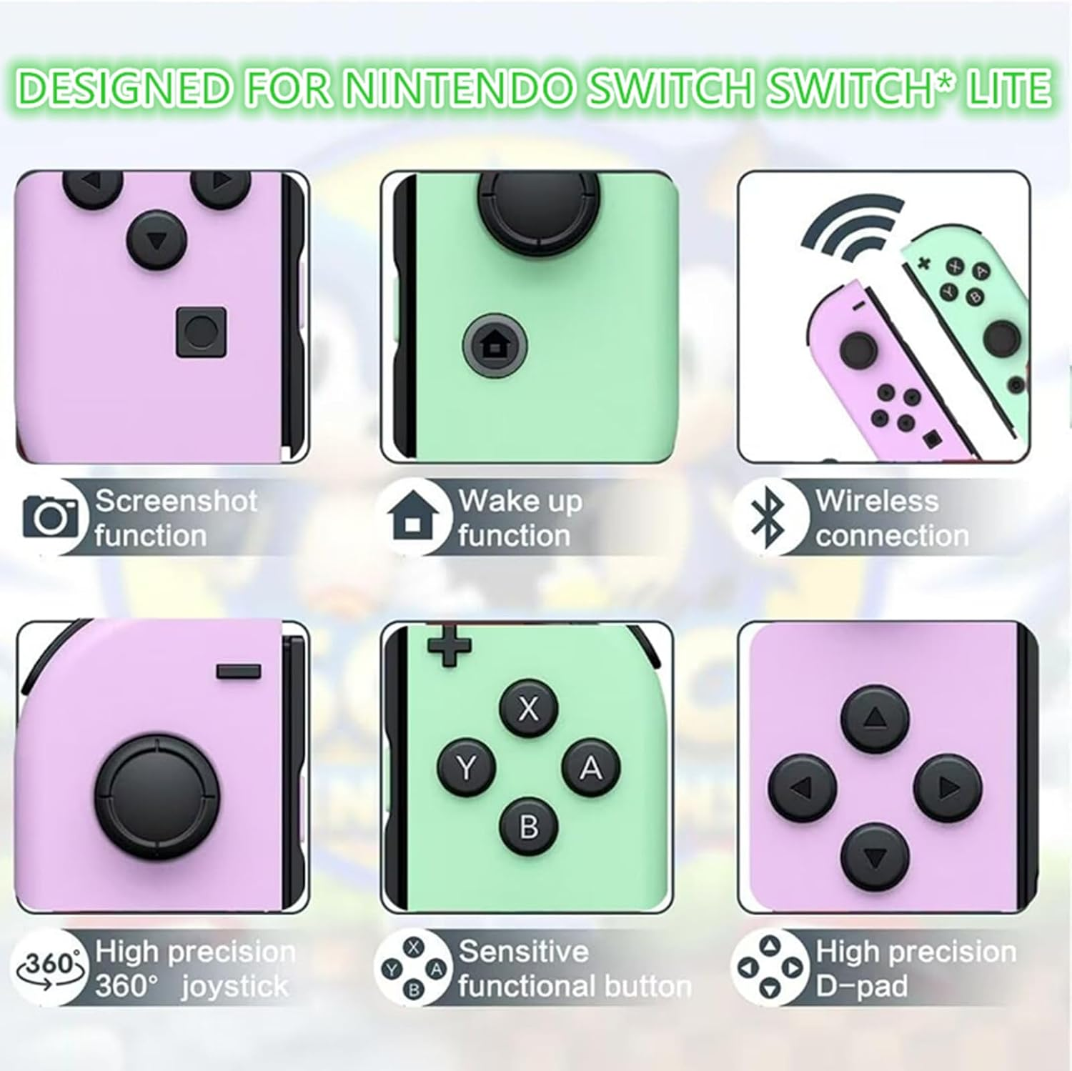 Joy-Cons for Switch Controllers, Wireless Replacement for Switch, Left and Right Controllers Support Sports Dual Vibration/Wake-Up/Motion Control/Screenshot Function (Light Purple/Light Green) image number 3
