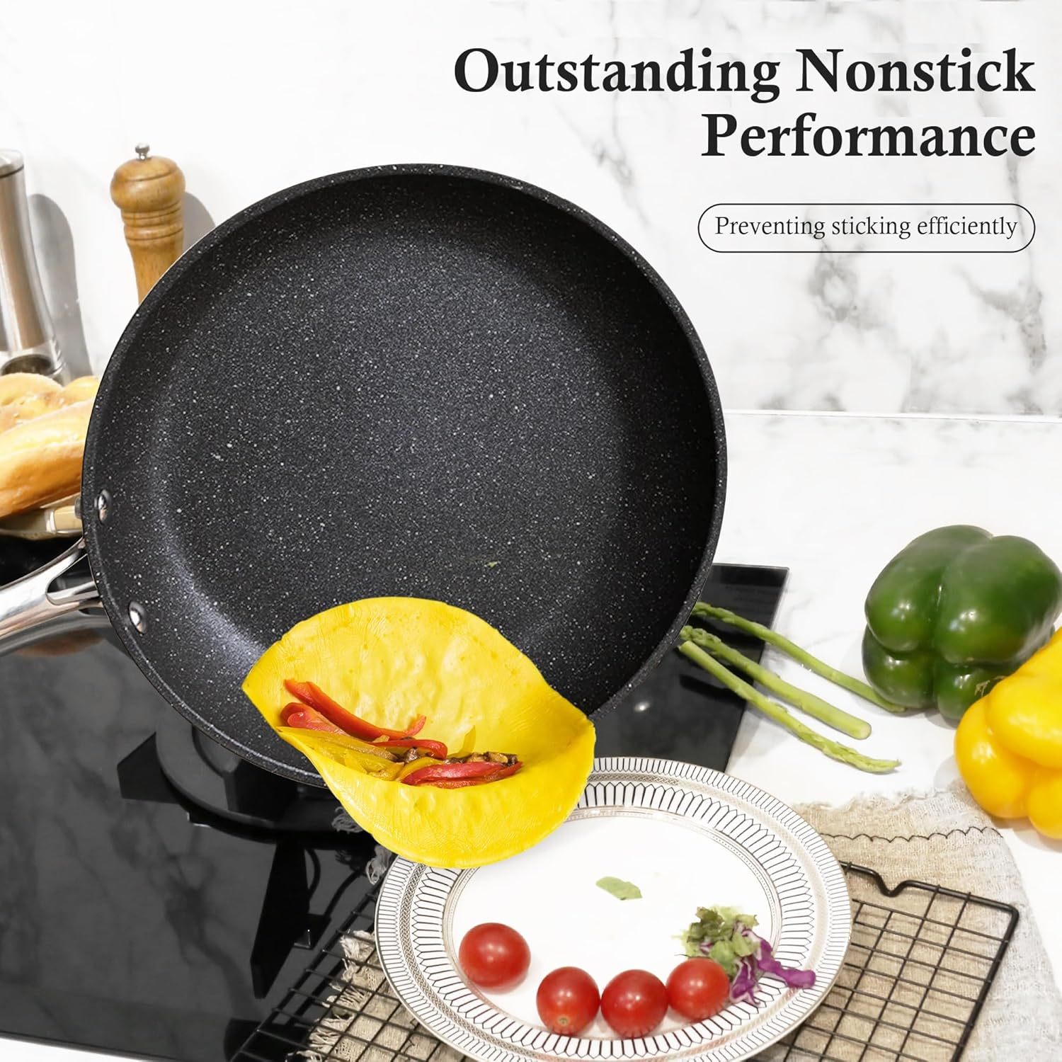 ASKSCICI 7-Piece Nonstick Granite Induction Stainless Steel Pots and Pans Set with Frying Pans & Saucepans - Non-Toxic, PFOS & PFOA Free, Oven Safe, Suitable for All Stoves, Dishwasher Safe, Black image number 6
