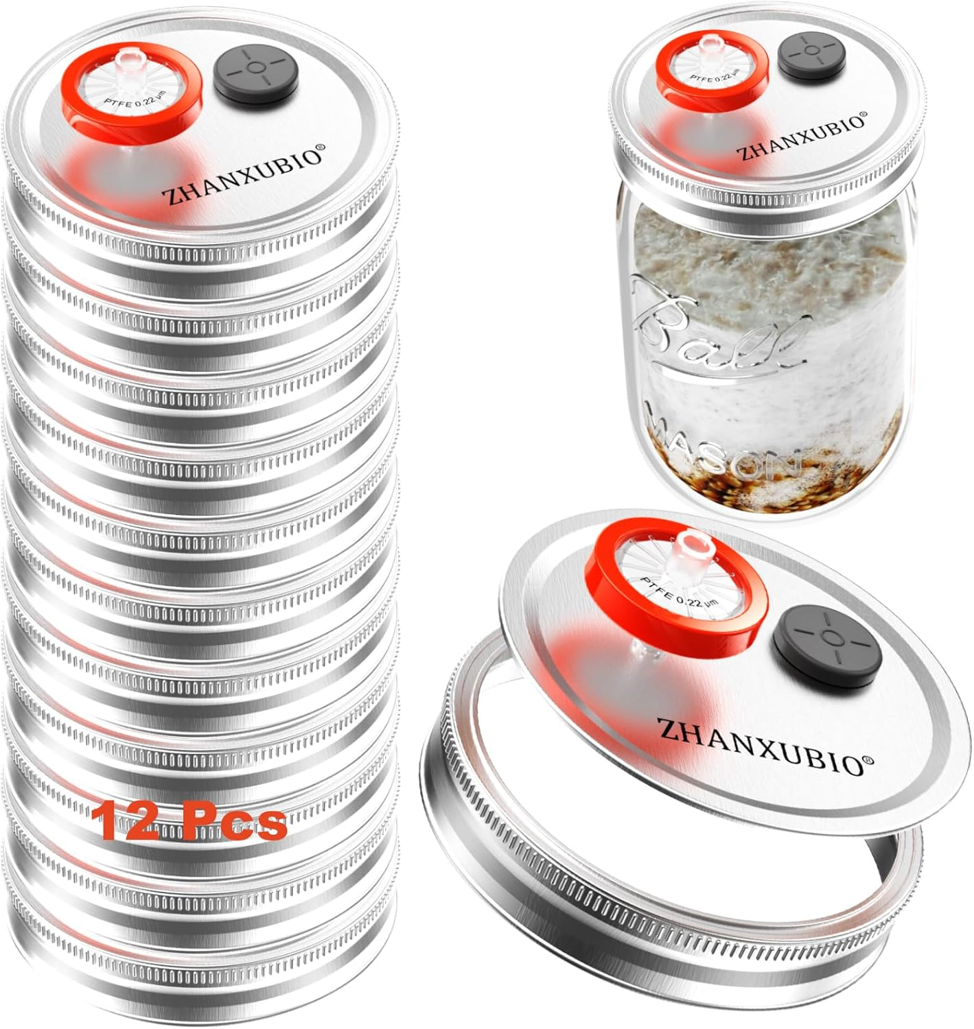 ZHANXUBIO Mushroom Jar Lid, Wide Mouth, Reusable, Green, Polypropylene, 12 Pack