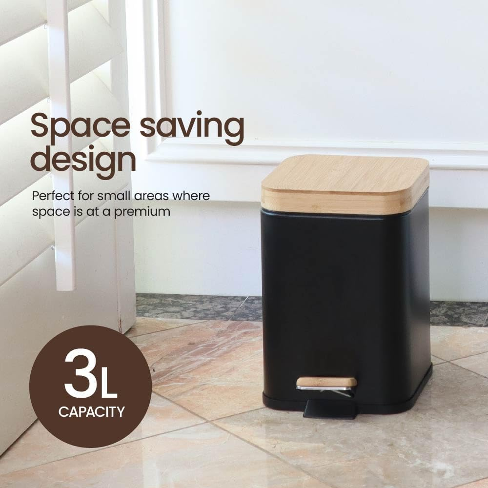 Eco Basics Rubbish Square Bin 3L, Black - Compact Bin with Recycled Plastic, Bamboo Lid & Pedal, Soft Close Quiet Operation, Space-Saving Design for Toilets, Living Rooms, & Small Spaces, 24X22X16Cm image number 5