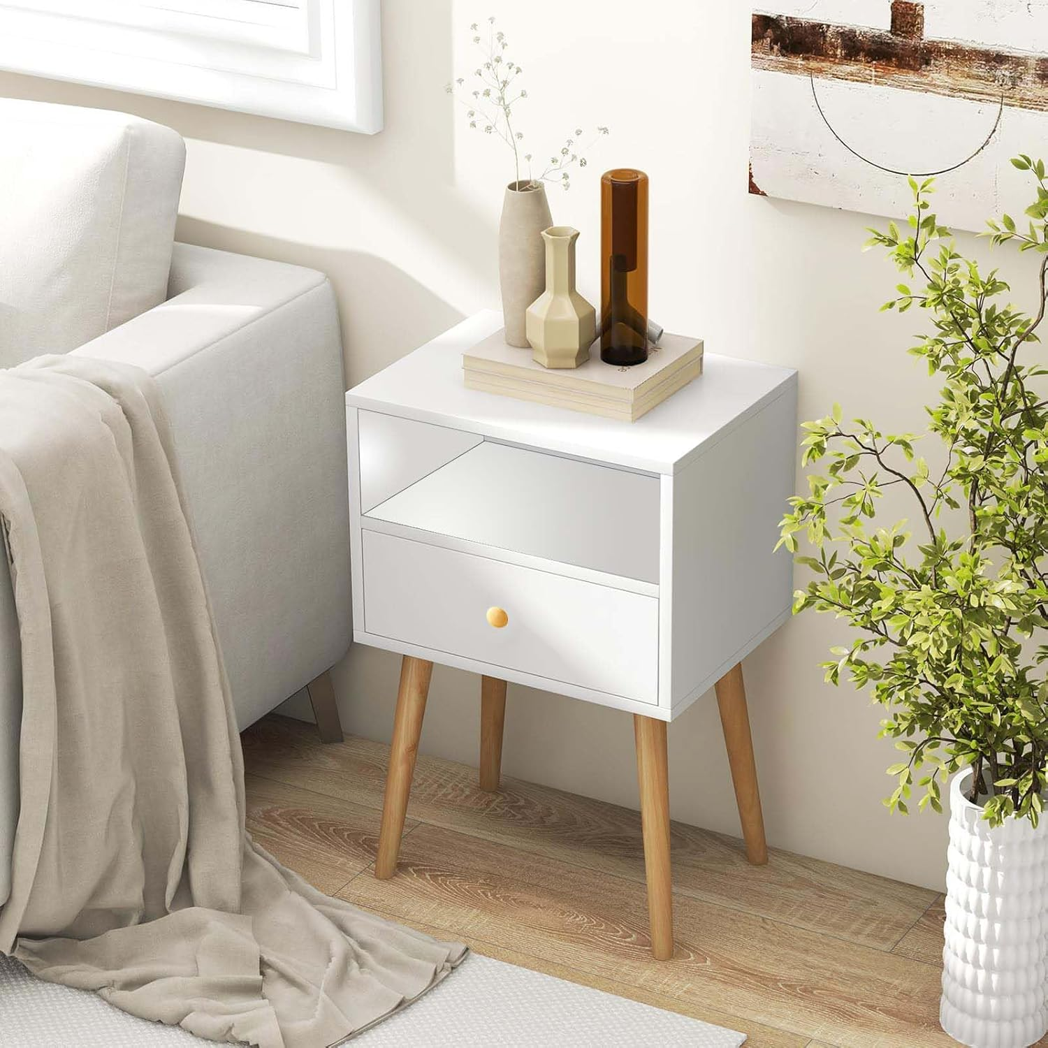 Bedside Table Drawers Side Organiser 40L&times;30W&times;59H, Small Desk Chest with Drawers,Bedroom Living Room Home Furniture Tallboy Lamp Stand Nightstand Cabinet (White) image number 1