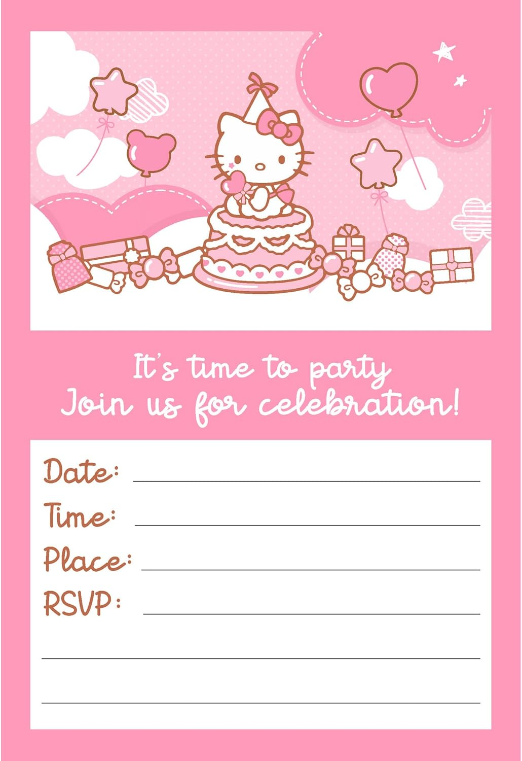 Set of 20 Hello Kitty -Themed Happy Birthday Invitation Cards & Envelopes - Lightweight (240G), Postcard Style Invites for the Perfect Party Pack image number 3