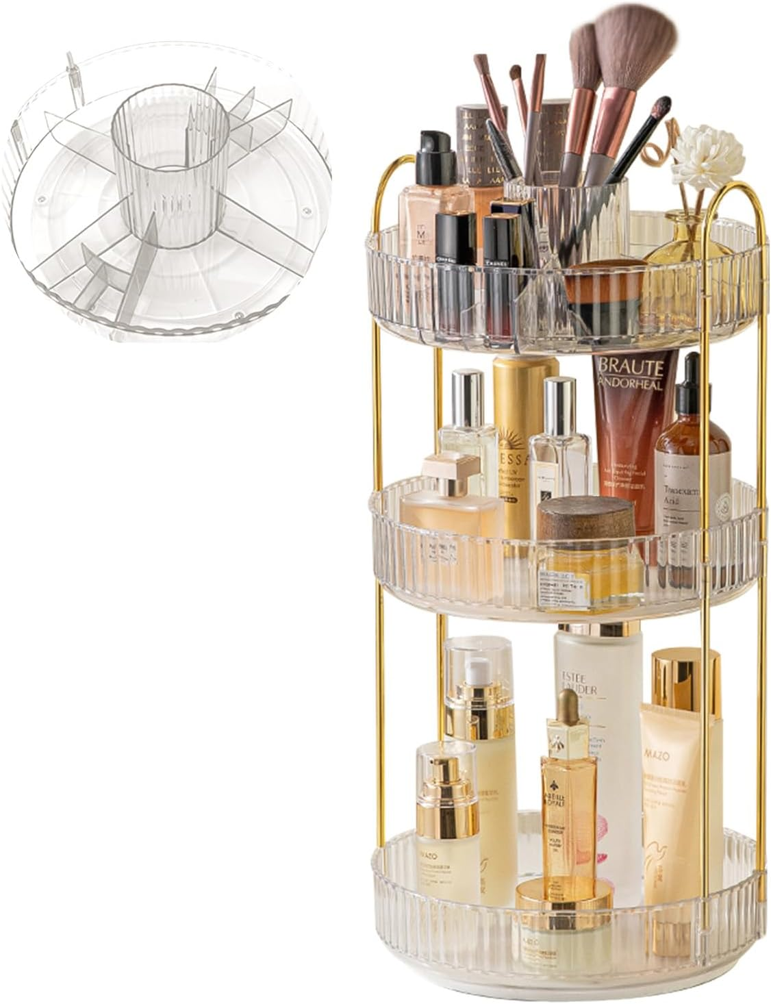 Rotating Makeup Organiser, Spinning Cosmetic Display Cases Vanity Organizer Countertop with 3 Layer Spacious Capacity and Divided Top for Skin Care,Makeup Brush,Lipstick,Perfume,Jewellery Organiser image number 5