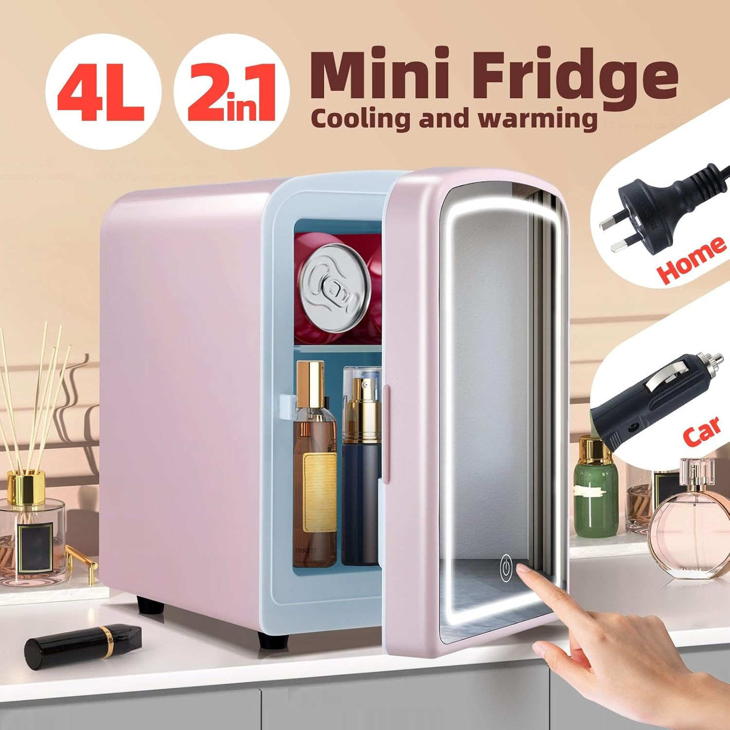 Maxkon 4L Beauty Mini Fridge (4 Liter/6 Can) with LED Light Makeup Mirror, Skincare Fridge for Refrigerating Make Up, Skin Care and Food, Portable Mini Fridge for Bedroom, Office and Car, White image number 3