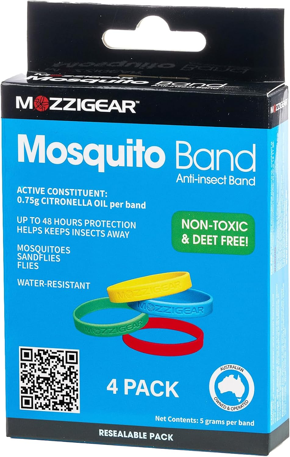 Mozzigear Mosquito Band Adults Size Pack of 4 Citronella Oil Infused Wristband for Insects, Sandflies, Flies & Midges Waterproof Bug Bands for Indoor, Outdoor, Camping & Travelling - Natural, Non-Toxic, Deet Free, Natural, APVMA Registered, Australian