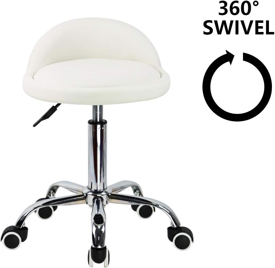 KKTONER PU Leather round Rolling Stool with Back Rest Height Adjustable Swivel Drafting Work SPA Task Chair with Wheels (White) image number 1