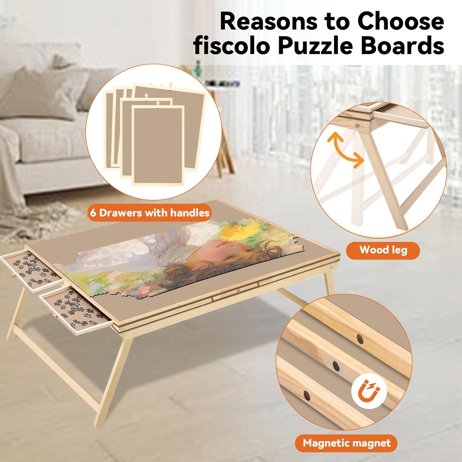 1500 Piece Puzzle Table with 6 Drawers, Foldable Puzzle Board with Legs Portable Puzzle Table Jigsaw Puzzle Board Cover Wooden Jigsaw Board for Adults Ideal Puzzles Lovers