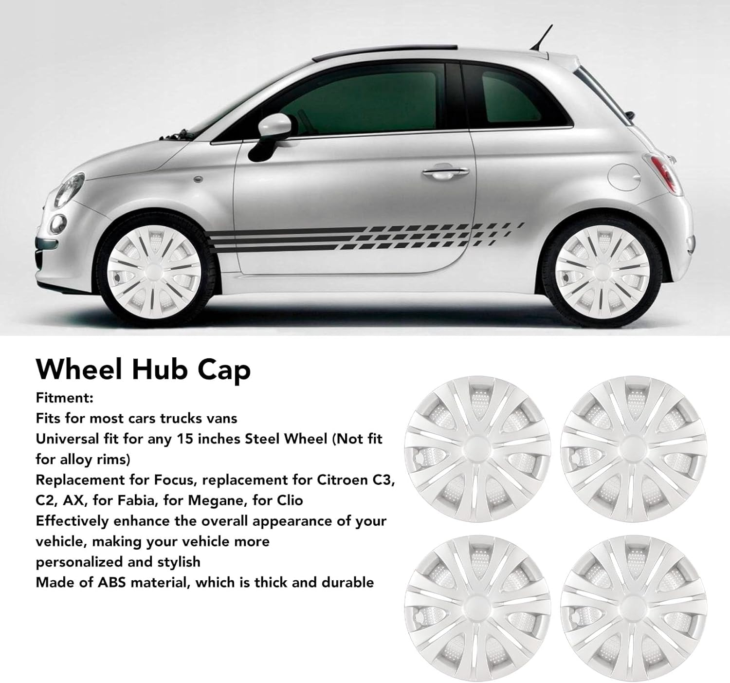 4Pcs Wheel Cover Hubcaps, 15 Inch Silver Sporty Strong Snap on Wheel Rim Cover for Cars Trucks Vans, Universal Fit for Steel Wheel, Easy to Install image number 1