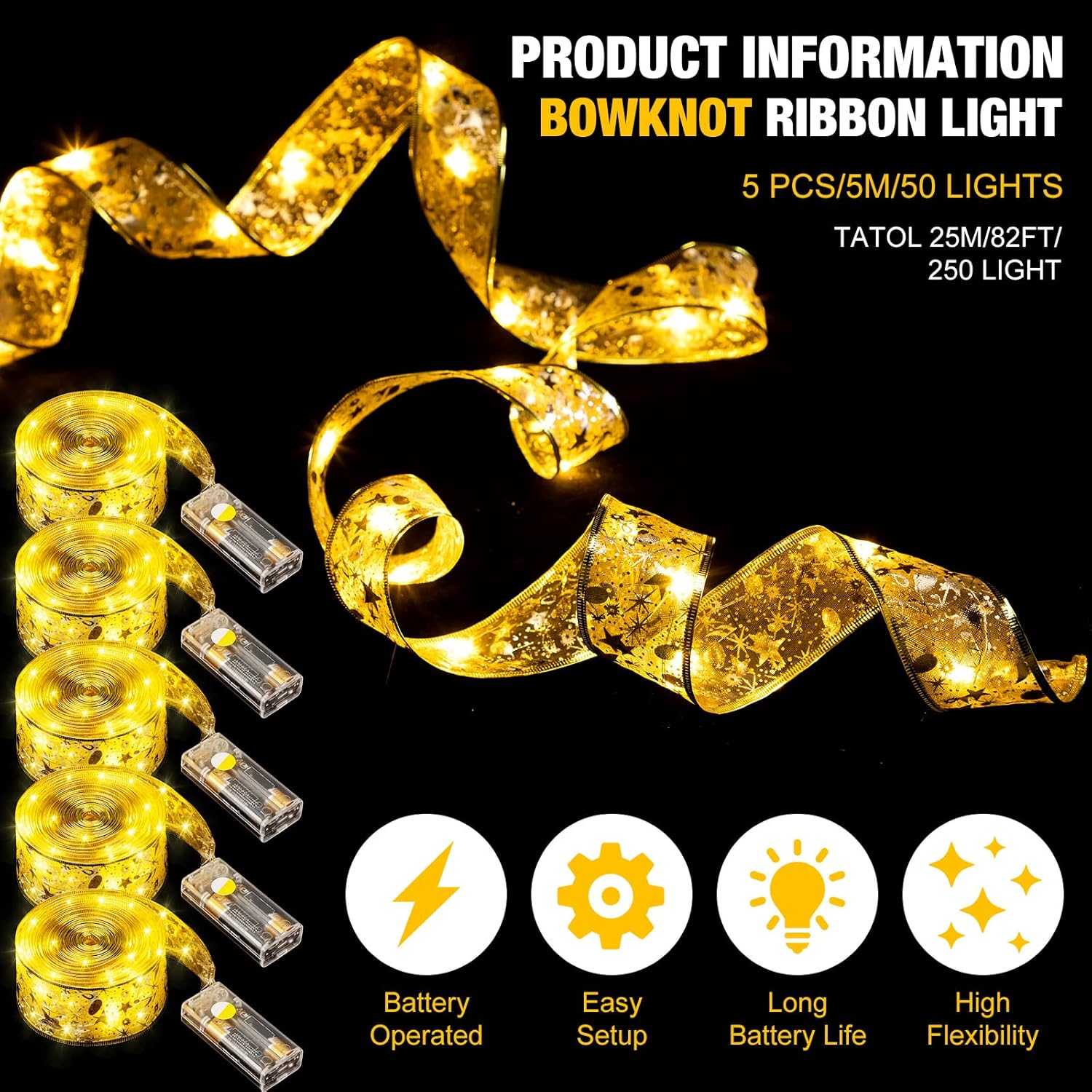 Tuanse 5 Piece 82FT Christmas Ribbon Lights 250 LED Glow Ribbon Strings Lights Shining Ribbon Fairy Lights with Double Layer Copper Wire for Xmas Tree Indoor Outdoor Decor (Gold, Warm Light) - Gold, Warm Light image number 4