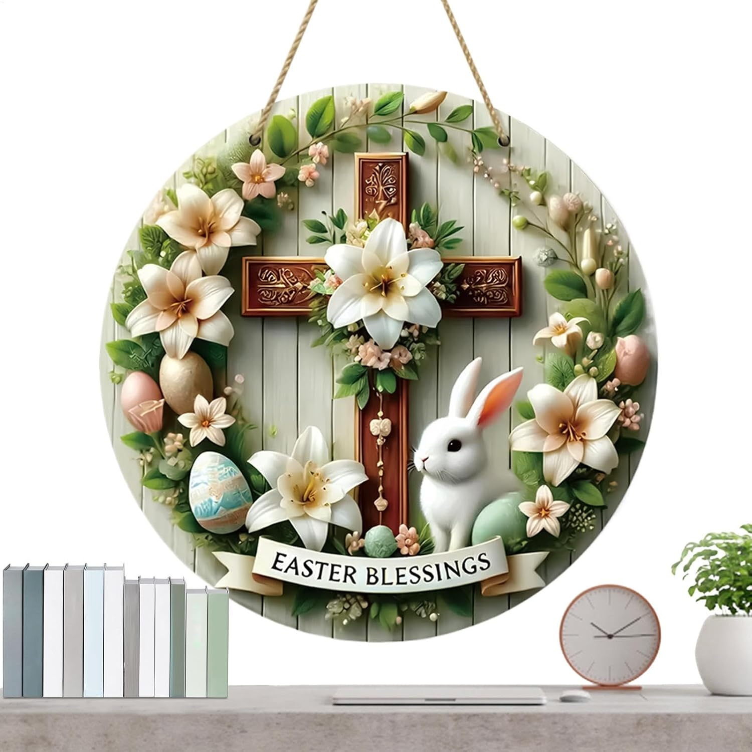 Easter Dangling Sign - Easter Blessing Welcome Sign for Front Door | 20Cm round Plate Dangling Decoration, Bunny with Colorful Eggs Decor for Home Farmhouse Indoor Outdoor image number 3