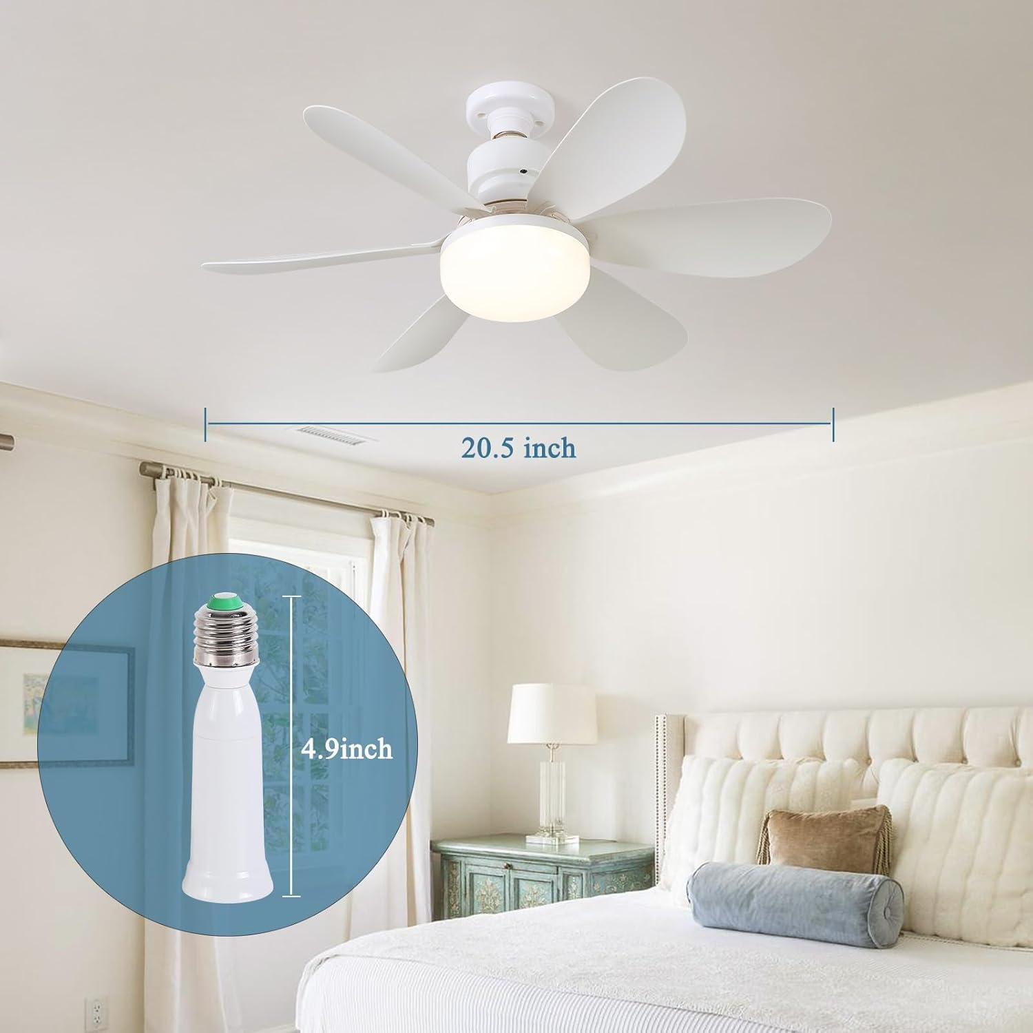 Socket Fan Light with 6 Blades, 3 Color Dimmable & 3 Speeds, 20.5" E27 Base Ceiling Fan with Light for Garage, Bedroom, Bathroom & Kitchen, 40W Screw-In LED Ceiling Fan image number 6
