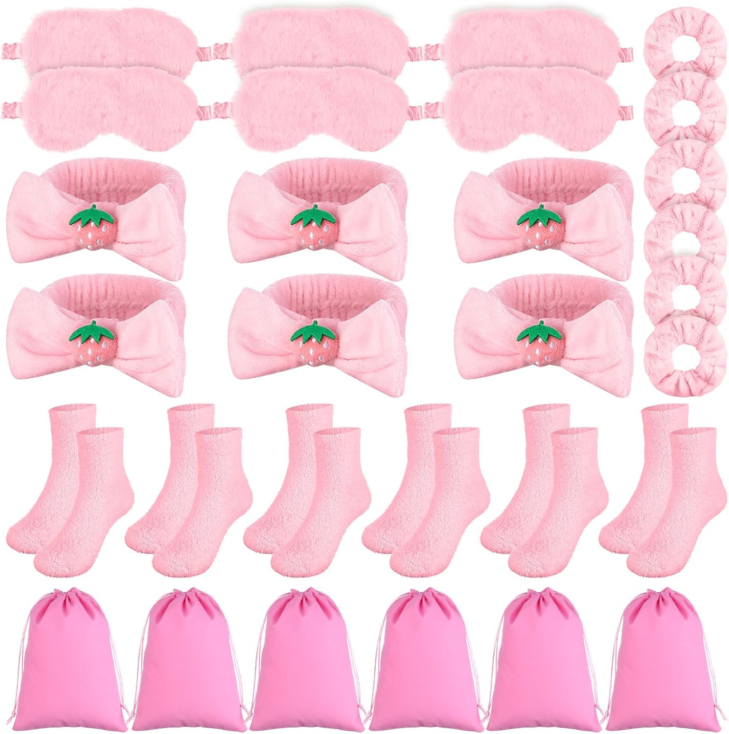 Girls 30 Piece Playset Pyjamas 6 Spa Hair Bands with Bow Strawberry Pink 6 Plush Sleep Masks 6 Velvet Scrunchies 6 Pairs Fluffy Socks 6 Makeup Bags image number 6