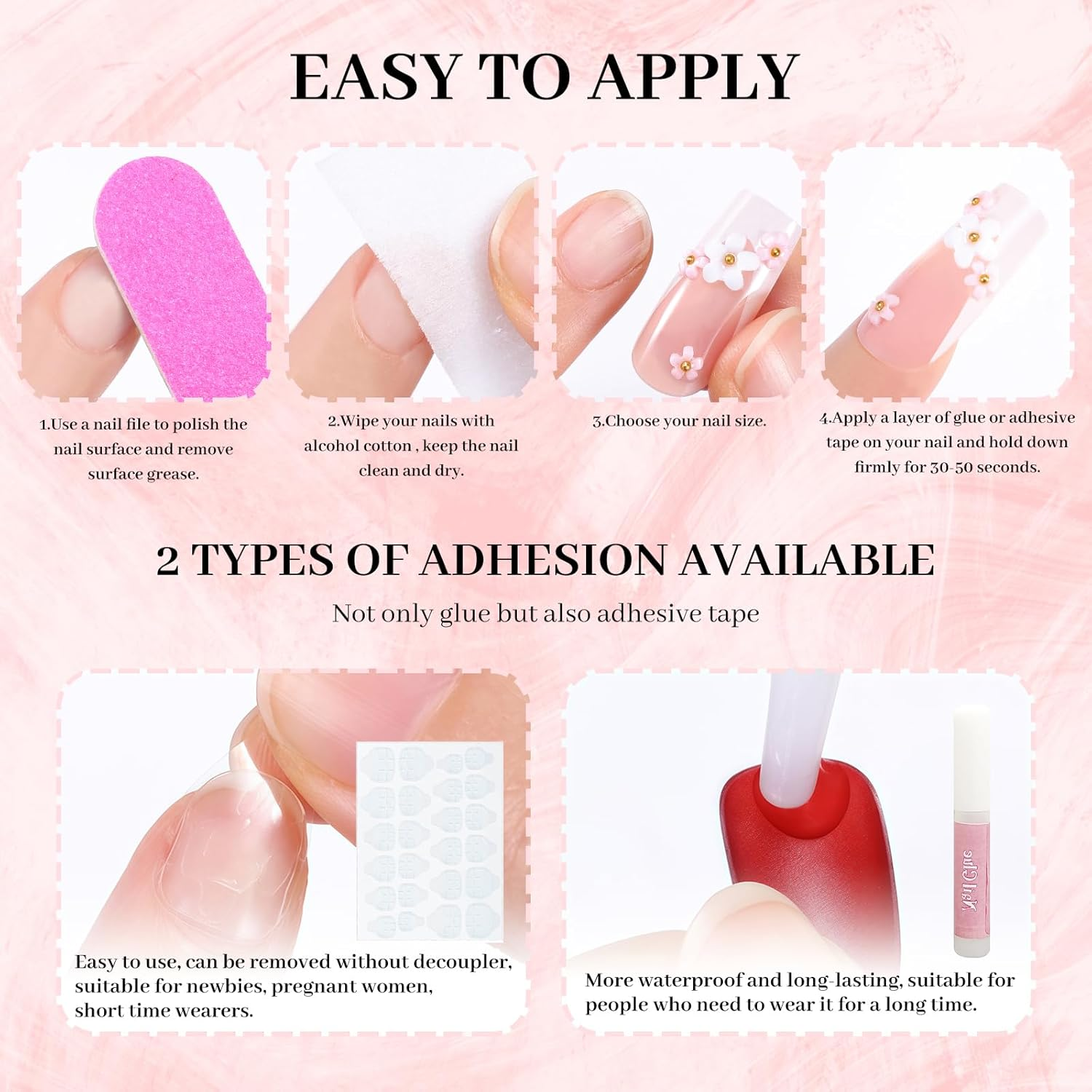 Press on Nails,24Pcs French Tip False Nails Pink False Nails Glossy Square Fake Nails Reusable & Acrylic,3D Pink