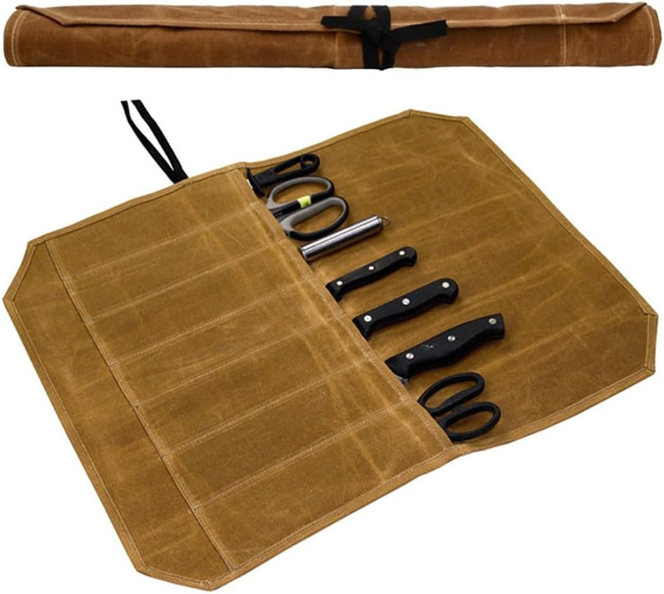 Chefs Knife Roll Bag, Portable Chef Knife Bag with 7 Slots Canvas Knives Pouch, Home Kitchen Outdoor Camping Tools (Brown) image number 4