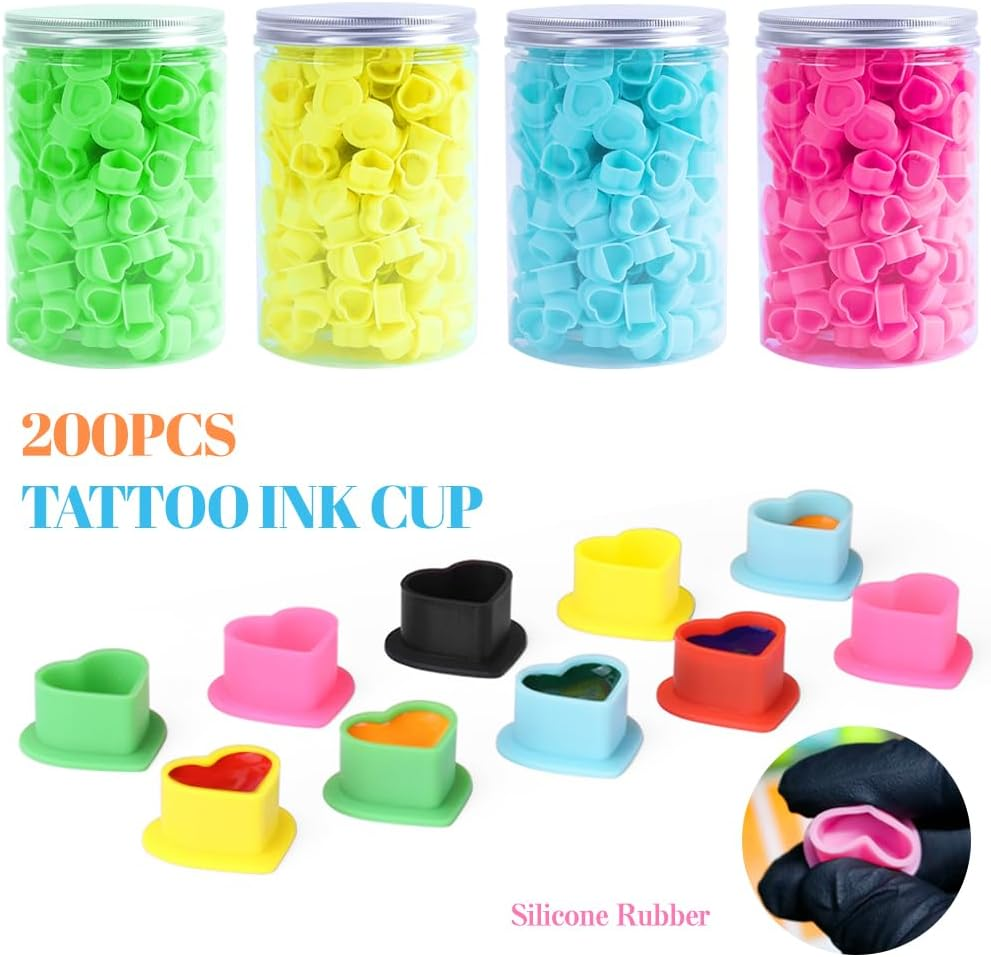 200Pcs Heart Ink Caps with Base Silicone Disposable Tattoo Pigment Cup for Tattooing Supplies