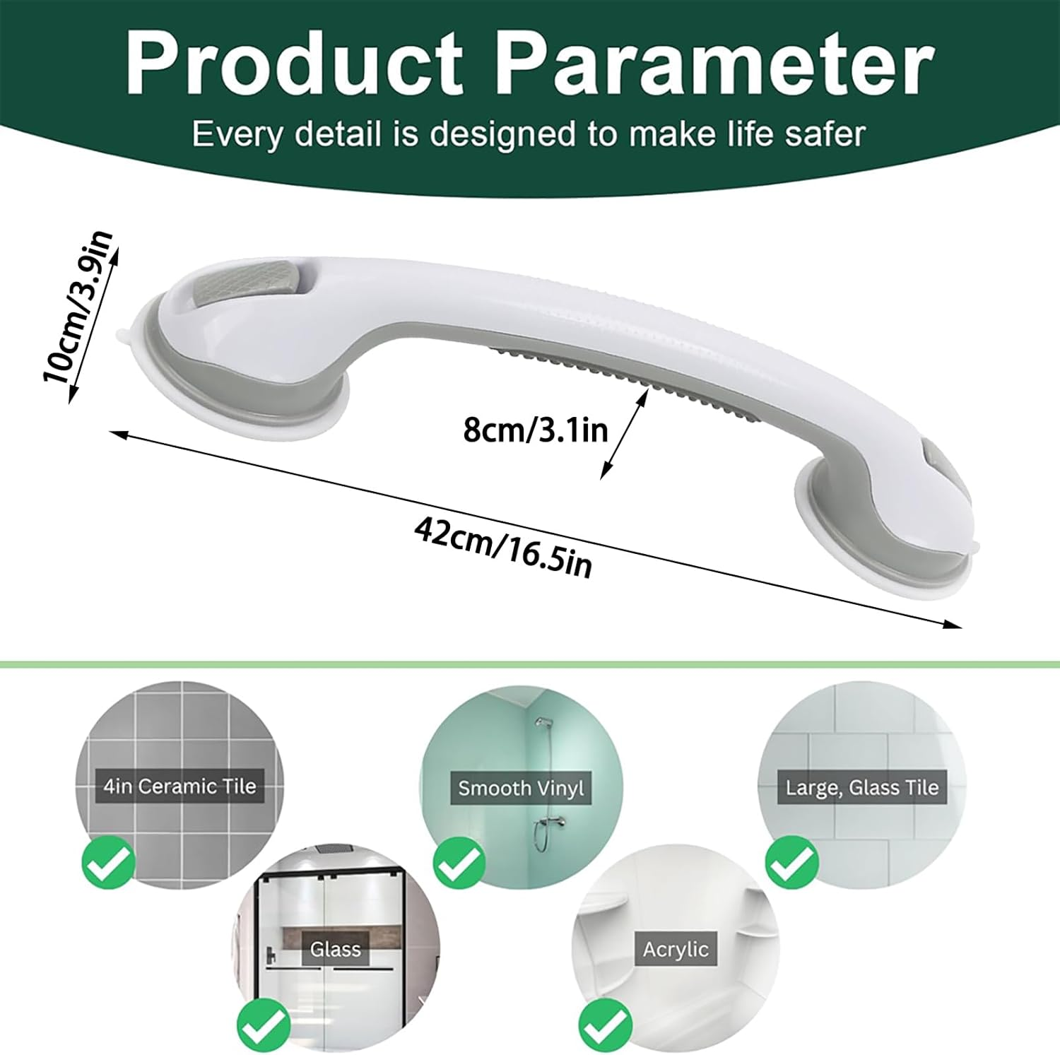 Suction Grab Rod for Showers and Bathtubs - Set of 2 Heavy Duty Shower Handles - Removable Handrails for Seniors - Bathroom Safety Grip - No Drilling Needed - Waterproof - Grey image number 1