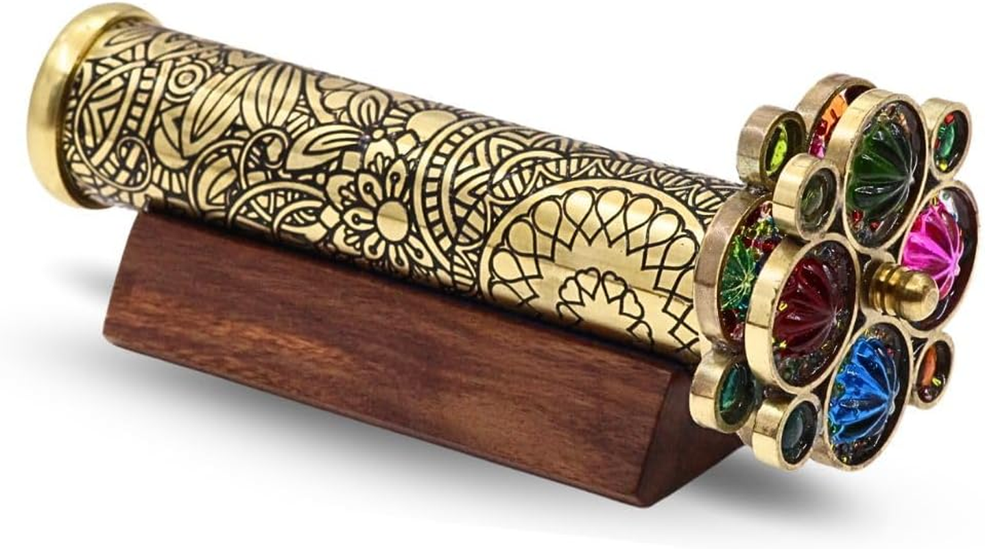 ROORKEE INSTRUMENTS (INDIA) a NAUTICAL REPRODUCTION HOUSE Handcrafted Etched Floral Pattern Lacquered Brass Kaleidoscope Includes Two Separate Turning Wheels, Hardwood Base - 7&rdquo;X1.25&rdquo; - All Ages image number 3