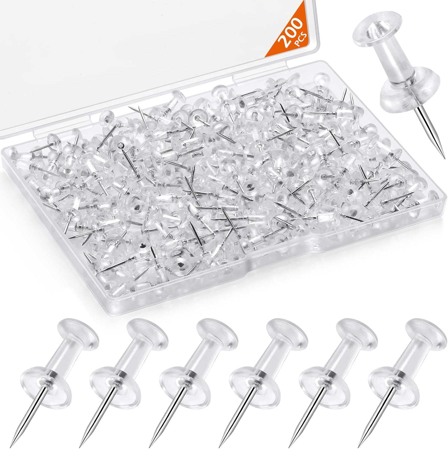 200 Pcs Push Pins Tacks, Thumb Tacks for Wall, Clear Plastic Head, Steel Point, Decorative Push Pins, Standard Thumb Tacks for Bulletin Board, Corkboard, Map, Calendar, Photo, Home, Office image number 4