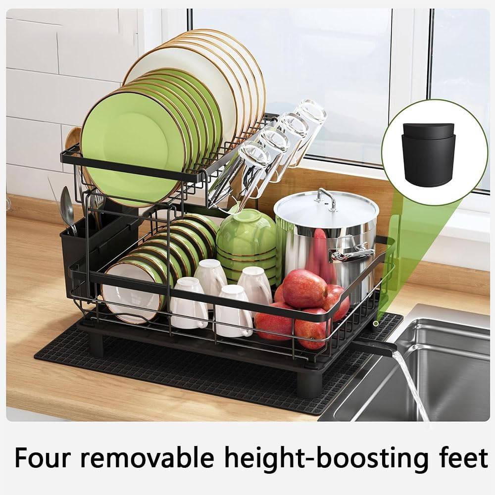 2-Tier Stainless Steel Dish Drying Rack for Kitchen Counter -Detachable Large Dish Drainer Set, Utensil & Cutlery Holder for Kitchen Storage & Organisation (Black) image number 4