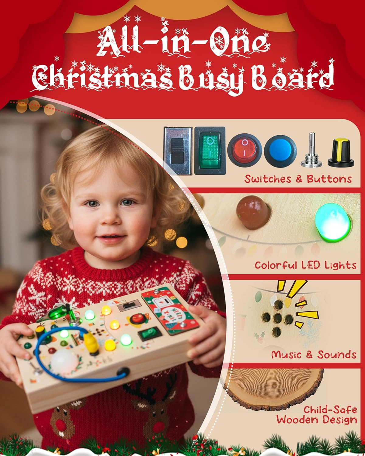 Busy Board Toddler Toys - Wooden Montessori Toys for 3 Years Old Toddlers, Sensory Travel Toy with 14 LED Light up Switches, Ideal Gift for 3+ Year Old Boys Girls, Medium image number 3