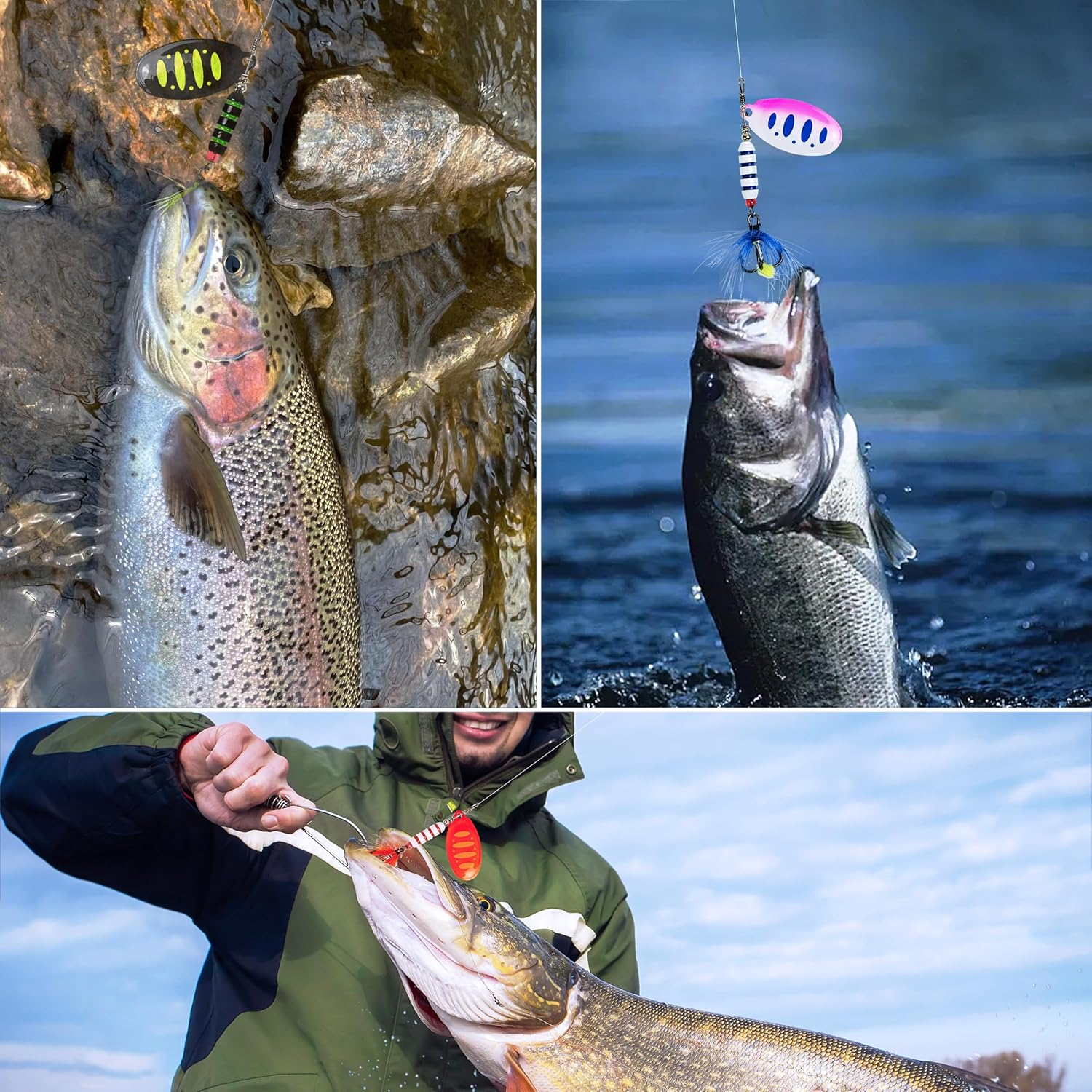 Keencatch Trout Lures Trout Spinners, Spinner Baits, Rooster Tail Fishing Lures Kit for Trout Salmon Bass Walleye Pike