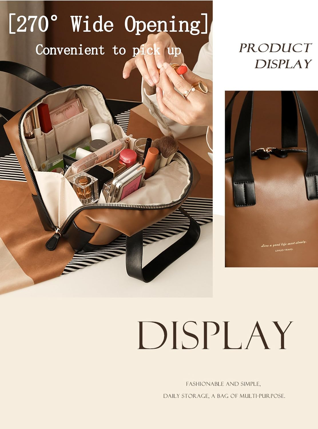 Sugar Cube Shaped Makeup Bag for Women Girls Travel - Waterproof PU Leather Cosmetic Organizer with Zipper/Wide Open Design/Toiletry Bag/Makeup Brushes&Nail Polish Storage（Embossed Texture） image number 3