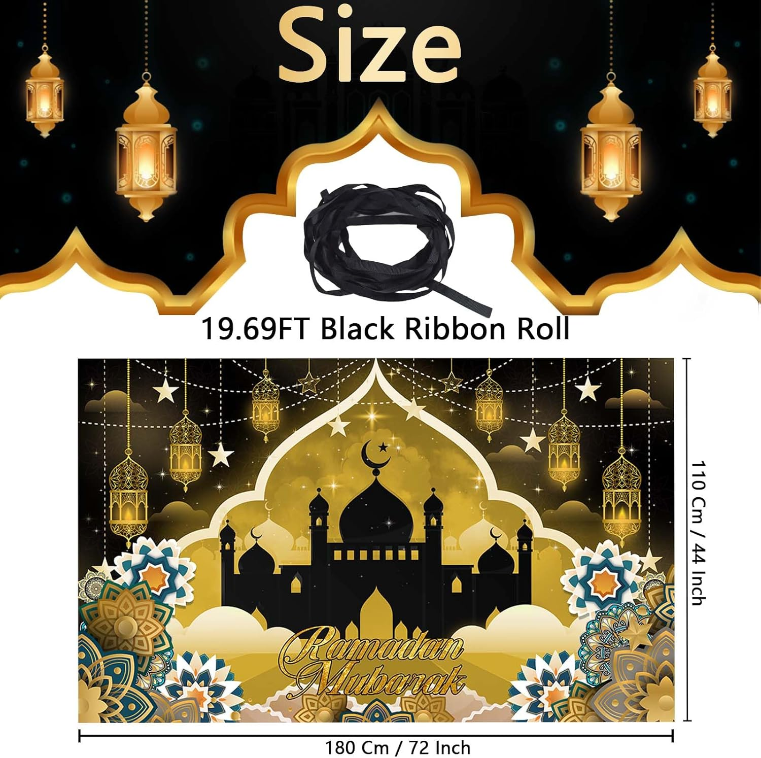 Ramadan Mubarak Banner, Extra Large Fabric Eid Kareem Background for Decorations, 72 X 44 Inch Star Moon Lanterns Castles Photo Booth Background for Islamic Muslim Al-Fitr Party Supplies image number 2