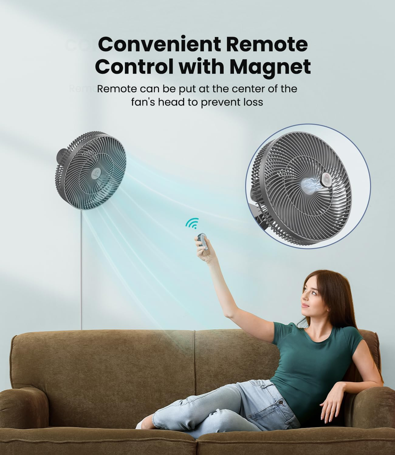 LEMOISTAR 12" Quiet 4-Speed Wall Mounted Fan with Remote Control, 90&deg;Oscillating Timer and Adjustable Tilt, 98" Cord, Ideal for Home, Bedroom, Gym, Garage, RV, Office-Grey image number 5
