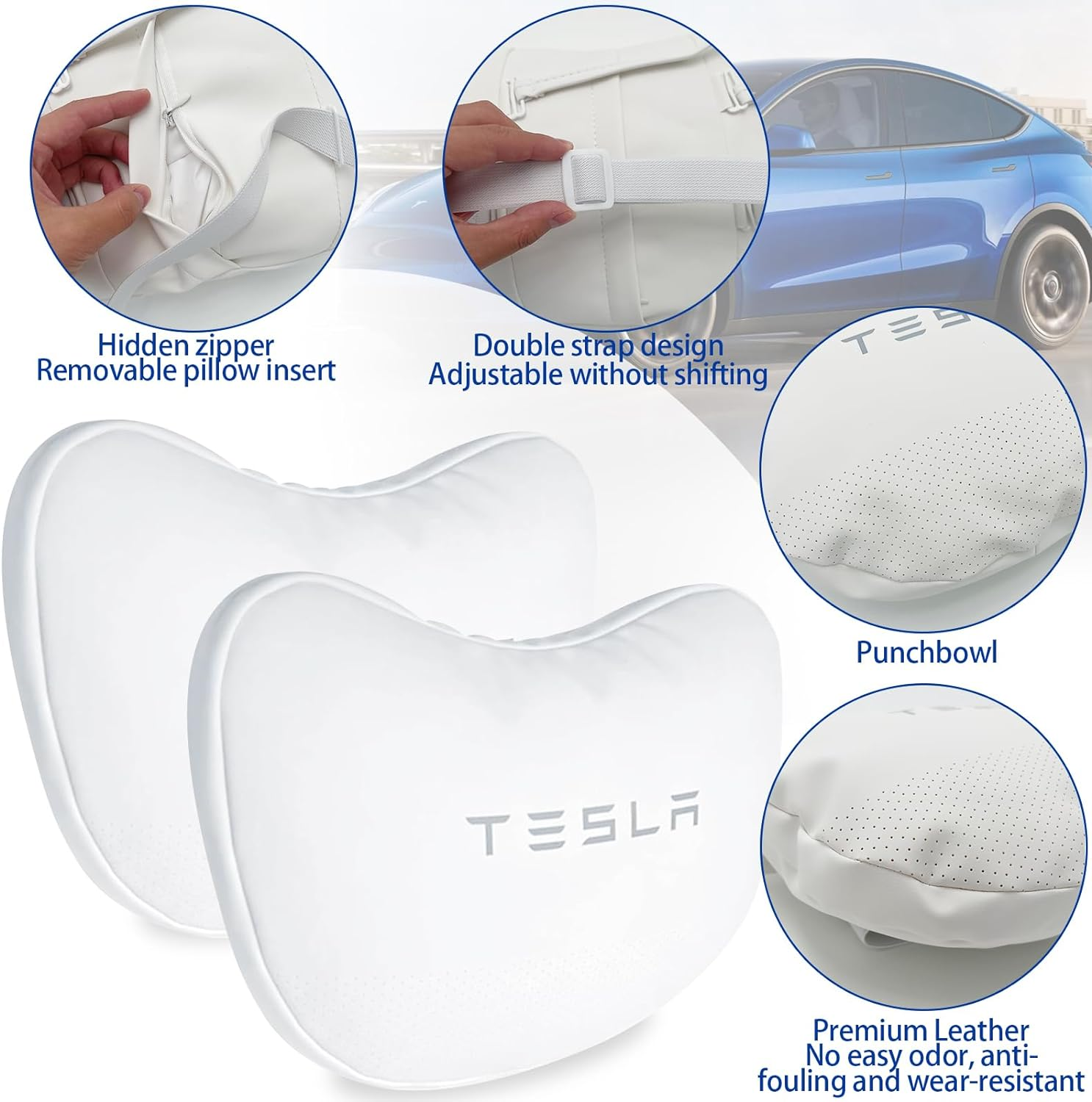 Car Neck Pillow for Tesla Model Y/3/S/X Seat Headrest Pillow Comfy Leather Breathable Head Rest Neck Support Cushion for Neck Pain Relief and Cervical Support (White)