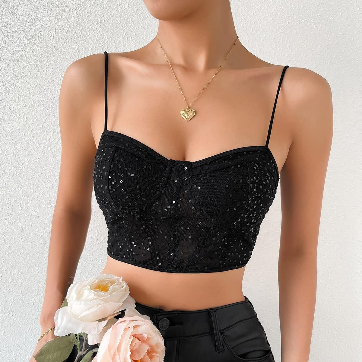 Women'S Floral Lace Crop Top Spaghetti Strap Sheer Mesh Corset Bustier Tops Bralette image number 3