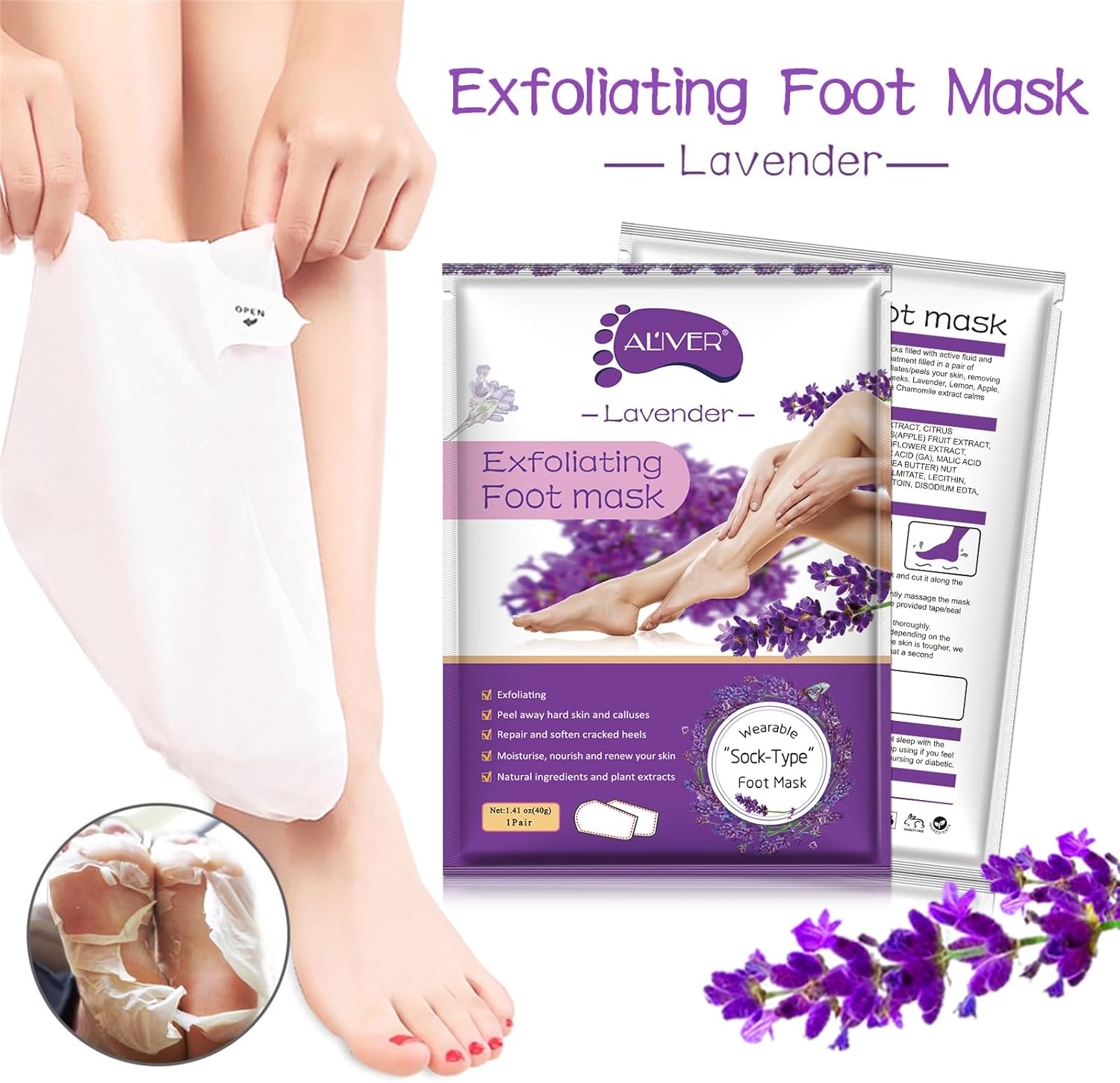 Foot Peel Mask 4 Pack, Exfoliator Peel off Calluses, Exfoliating Foot Care,Foot Exfoliator Repair Dry Cracked Feet,Peeling Away Dead Skin, Calluses, Dead Skin Callus Remover, Baby Soft Smooth Touch Feet-Men Women (Lavender) image number 5