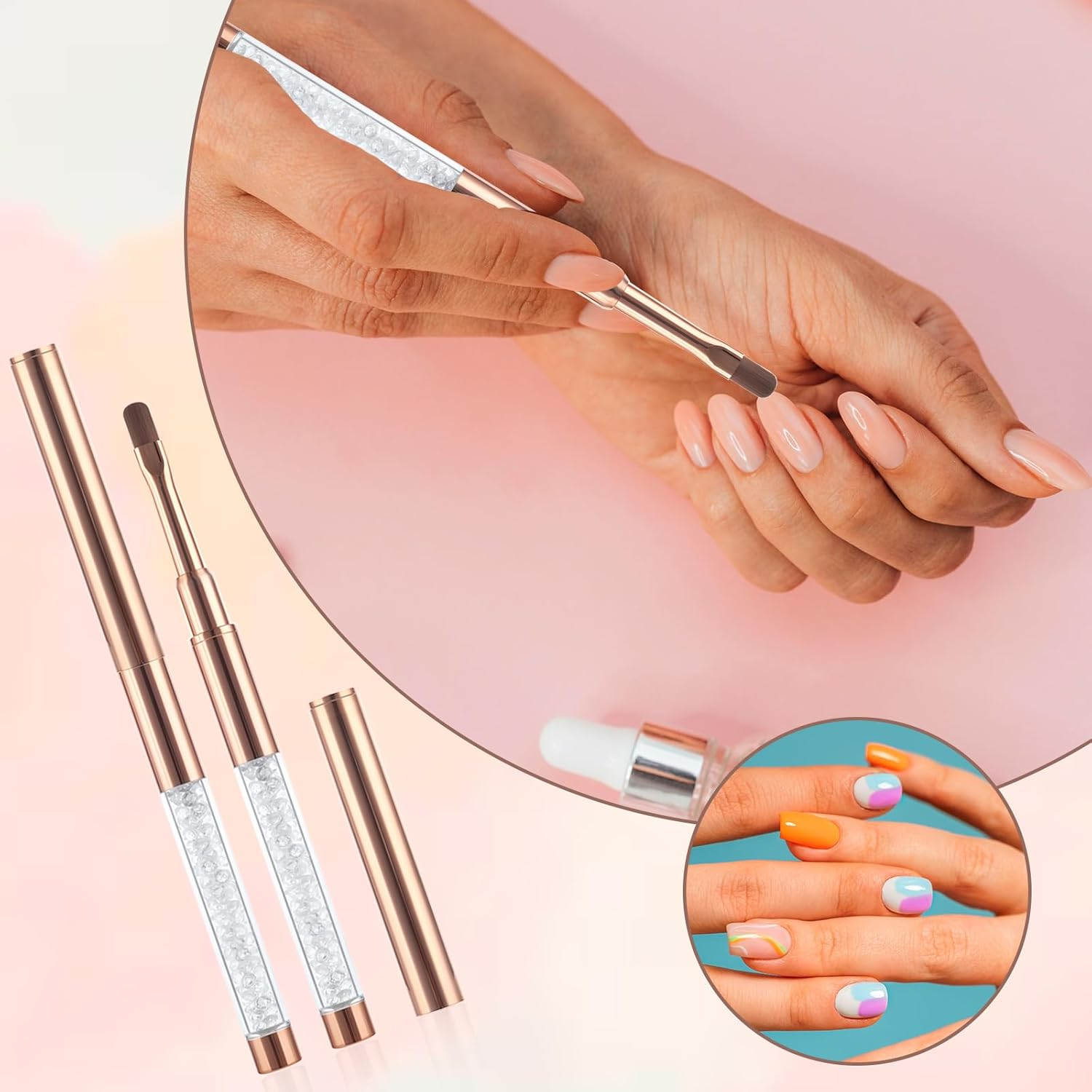 Larrel Pack of 2 Gel Brushes for Nails, Flat Nail Brushes with Lid, Rose Gold Nail Art Brush, Gel Brush, Nail Brush, UV Rhinestone Handle, Painting Brush, Gel Nail Art Brush for Nail Design, Nail Art image number 5