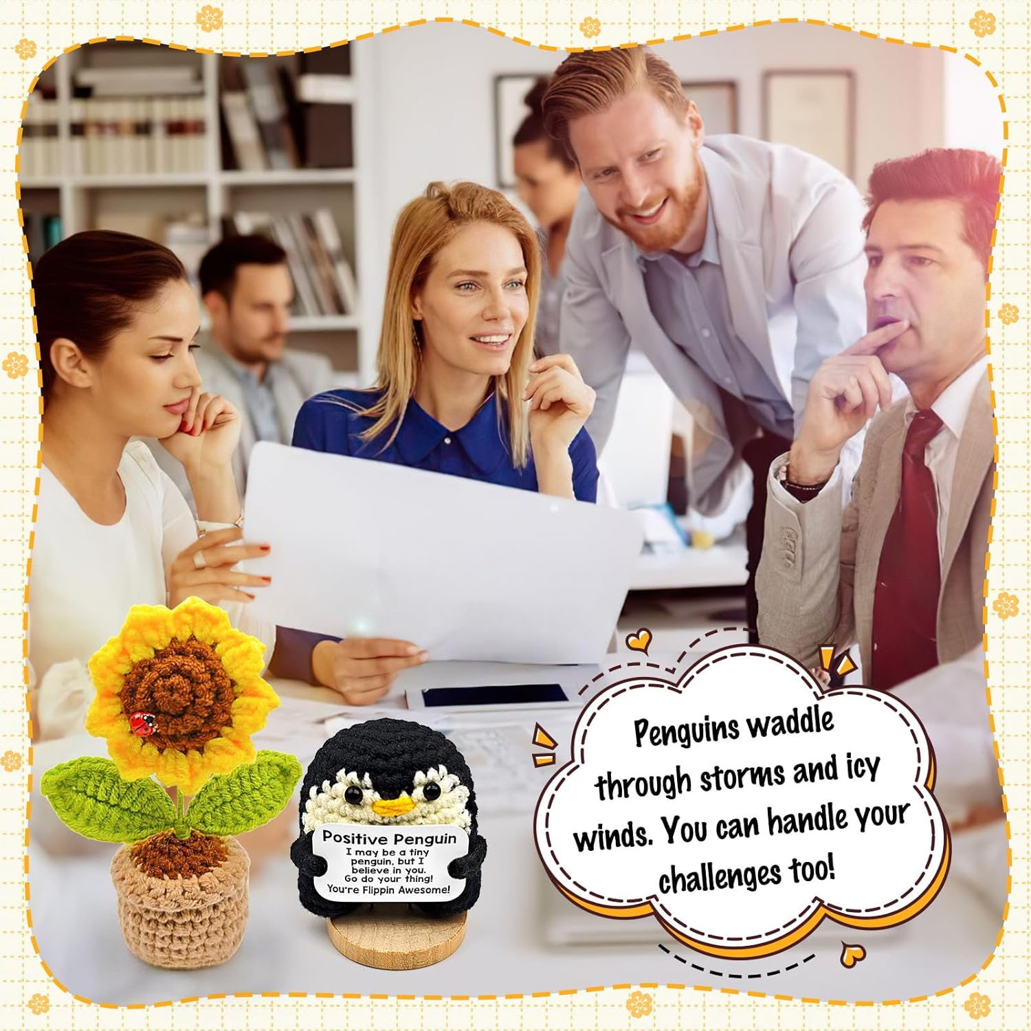 Mini Postive Crochet Funny Gift, 2PCS 3 Inch Cute Crochet Sunflower Pot Desk Decoration Toy with Positive Card for Dad Father Women Mom Best Friend Teacher Fall (Sunflower & Penguin) image number 5