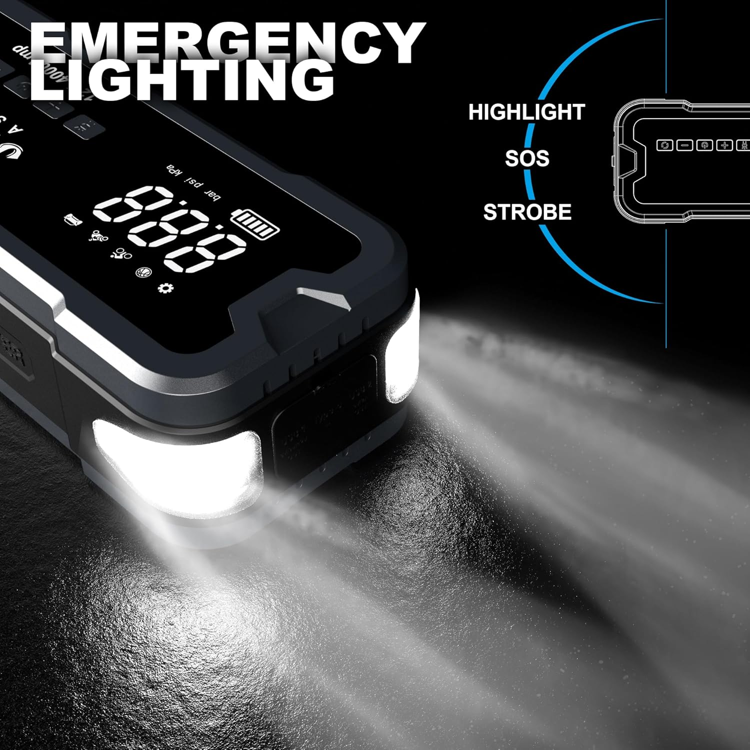 Jump Starter with Air Compressor 150Psi Built-In,12V Powerful 4000A, 24000Mah Slim Powerbank, for 10L Gas, 8L Diesel Engines, Portable Tire Inflator Emergency Kit with High Torch-Lights JUMBO ASSIST image number 1