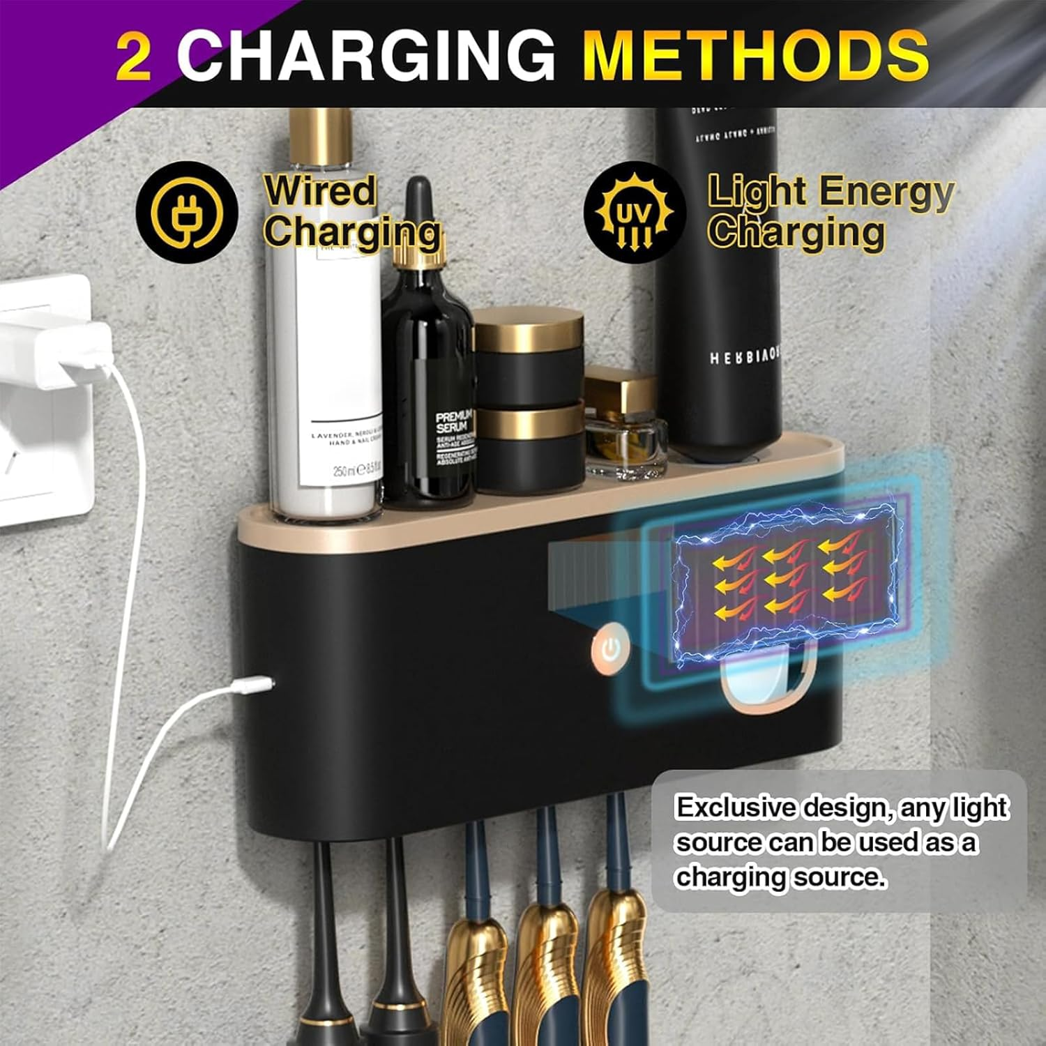 Toothbrush Cleaner & Holder, Wall Mounted Tooth Brushing Holder with Toothpaste Dispenser, Cleaning and Air Drying, Rechargeable UV Toothbrush Holder for Bathrooms image number 5
