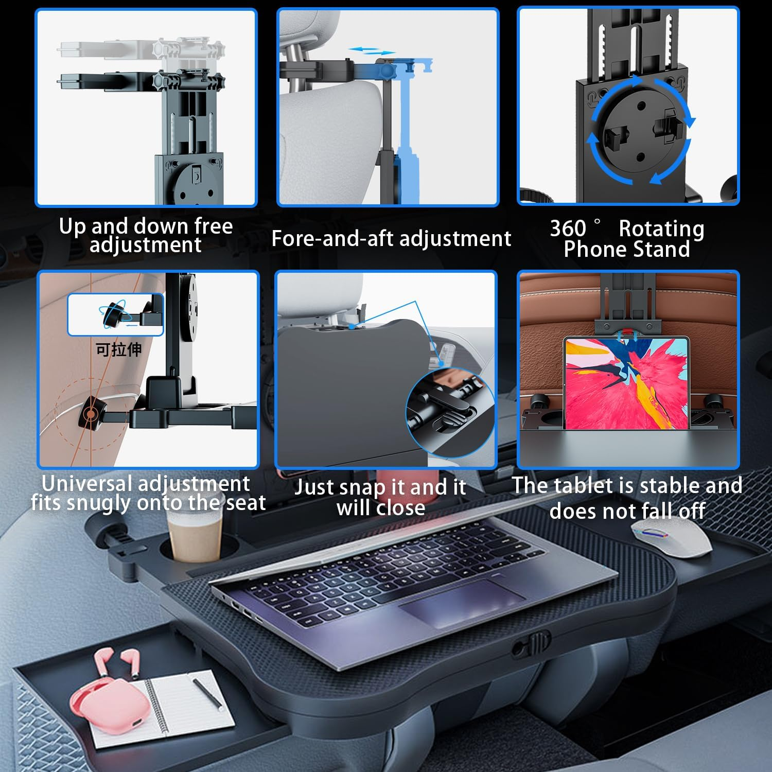 Mfancy Car Seat Table with Expandable Tray | Car Desk&ndash;Foldable Laptop Table for Steering Wheel & Backseat | Car Accessories for Eating, Work, Kids Study | Universal Fit with Cup & Phone Holder image number 2